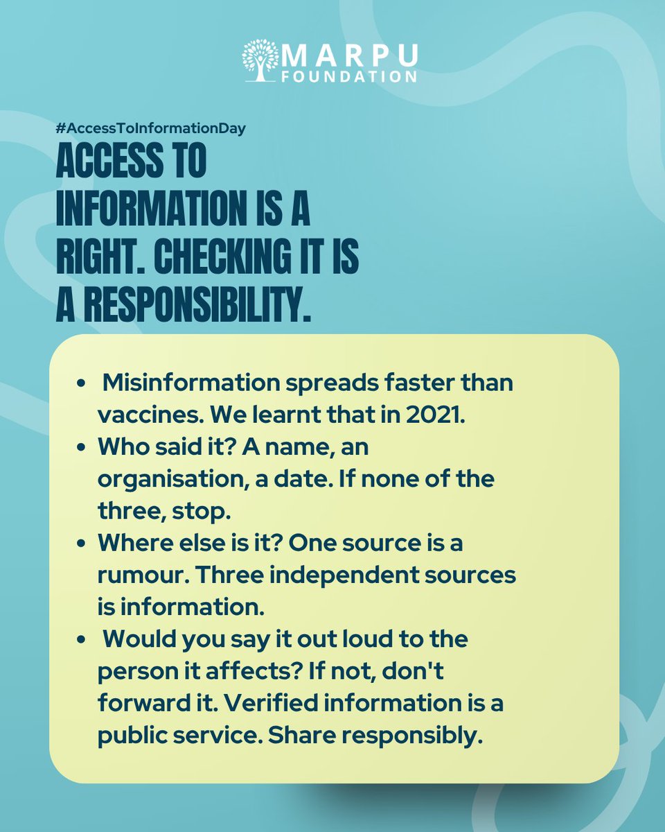 marpufoundation's tweet photo. Before you forward your next message, check who said it. Then share this.

#AccessToInformationDay #FactCheck #MarpuFoundation #ResponsibleSharing #VolunteerFirstCSR https://t.co/z7rh1Ho2oH