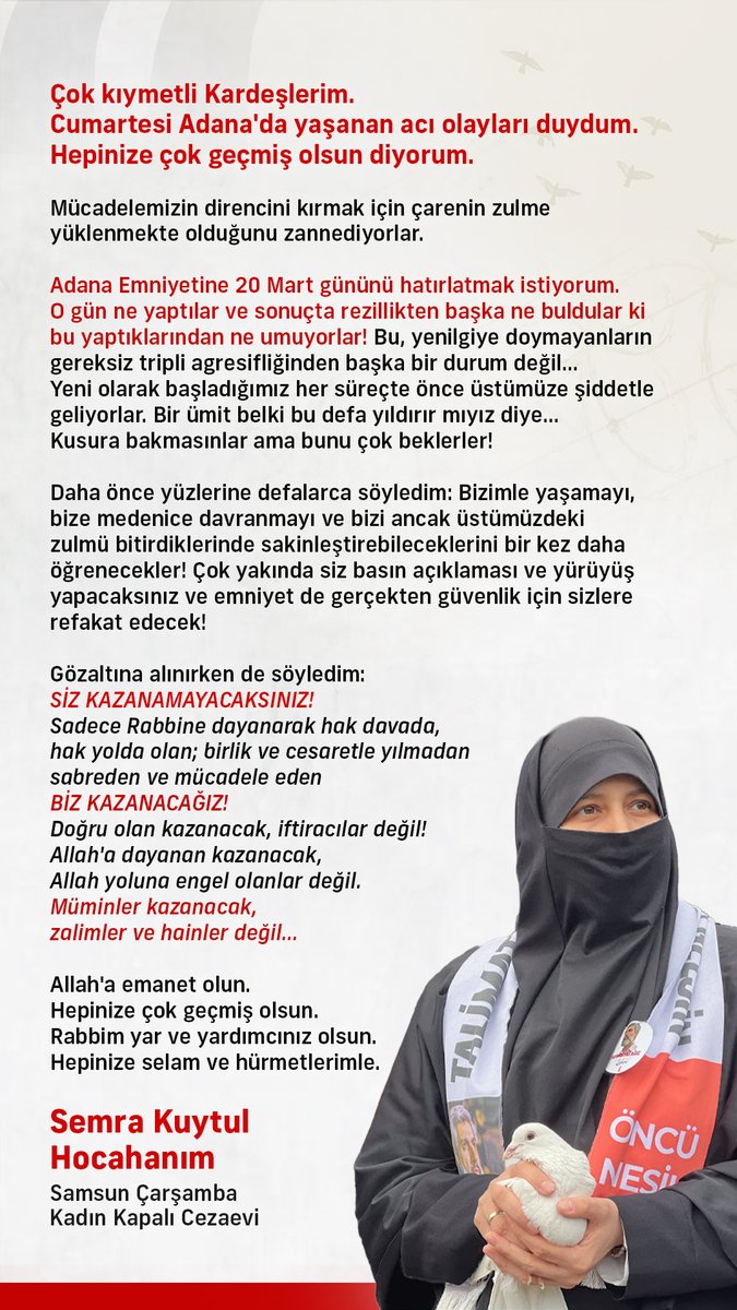 frknhrkti's tweet photo. Samsun Çarşamba Kadın Kapalı Cezaevinde bulunan Semra Kuytul Hocahanım’dan 26 Eylül İşkencesi Hakkında Mesaj! 

“SİZ KAZANAMAYACAKSINIZ!
Sadece Rabbine dayanarak; Hak davada, hak yolda olan; birlik ve cesaretle yılmadan sabreden ve mücadele eden BİZ KAZANACAĞIZ!”

AdaletIstemek SuçDeğil
#AdanaAdliyeOnüBekleyiş
Kardeşlerimizi SerbestBırakın