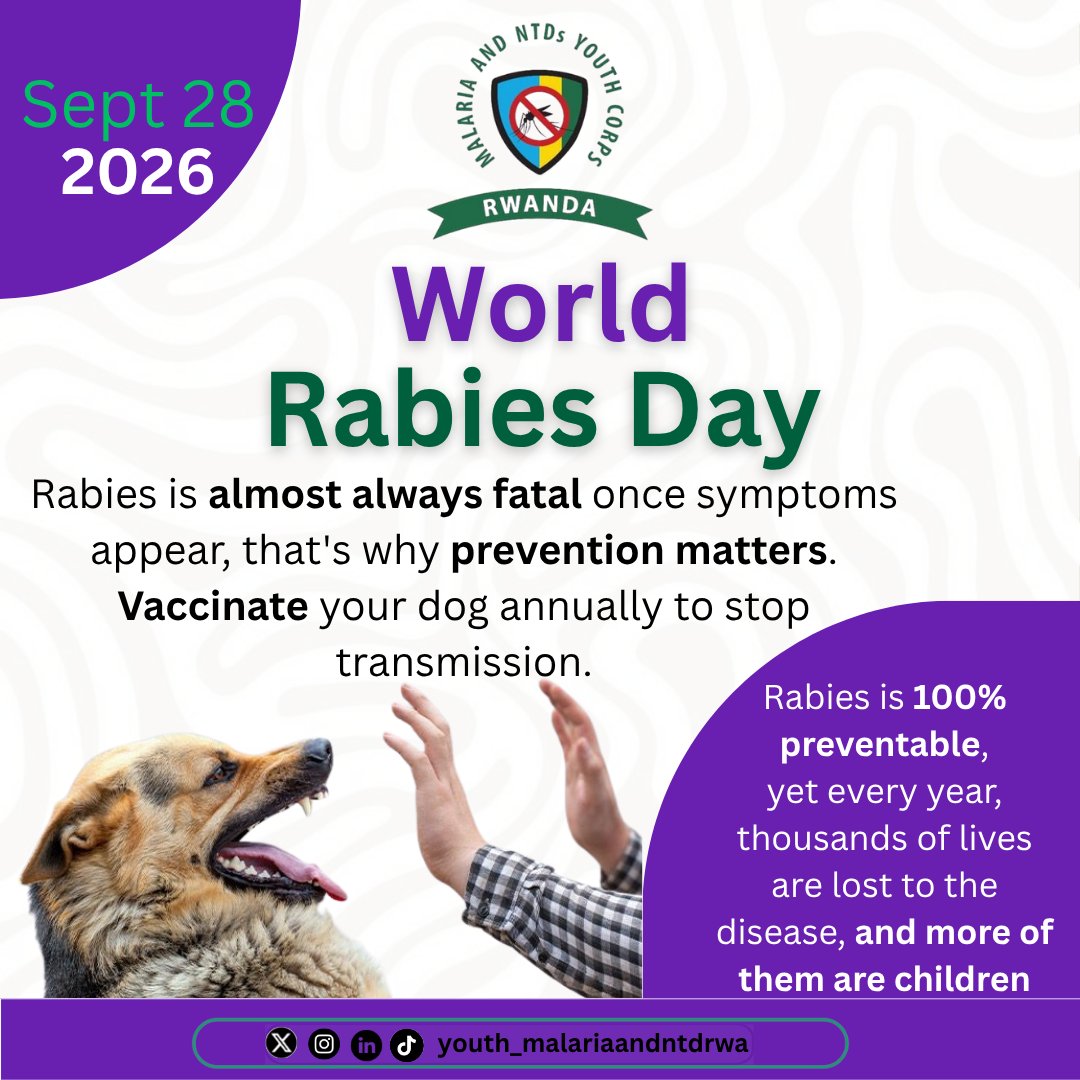 MalariaNTDcorps's tweet photo. Rabies is almost always fatal once symptoms appear, but it is 100% preventable. 

Wash bites immediately with soap and water, seek prompt medical care and vaccinate dogs annually to achieve zero human deaths by 2030.
#WorldRabiesDay2026 
@BrianChirombo @nsanzimanasabin @Knooliet https://t.co/86SKQekw5D