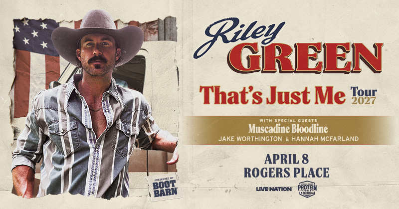 RogersPlace's tweet photo. JUST ANNOUNCED! 🤠 Riley Green is coming to Rogers Place on April 8 for the That’s Just Me Tour with Muscadine Bloodline, Jake Worthington and Hannah McFarland! Tickets on sale this Friday, Oct 2nd @ 10AM local. https://t.co/FlIgDD73jj
