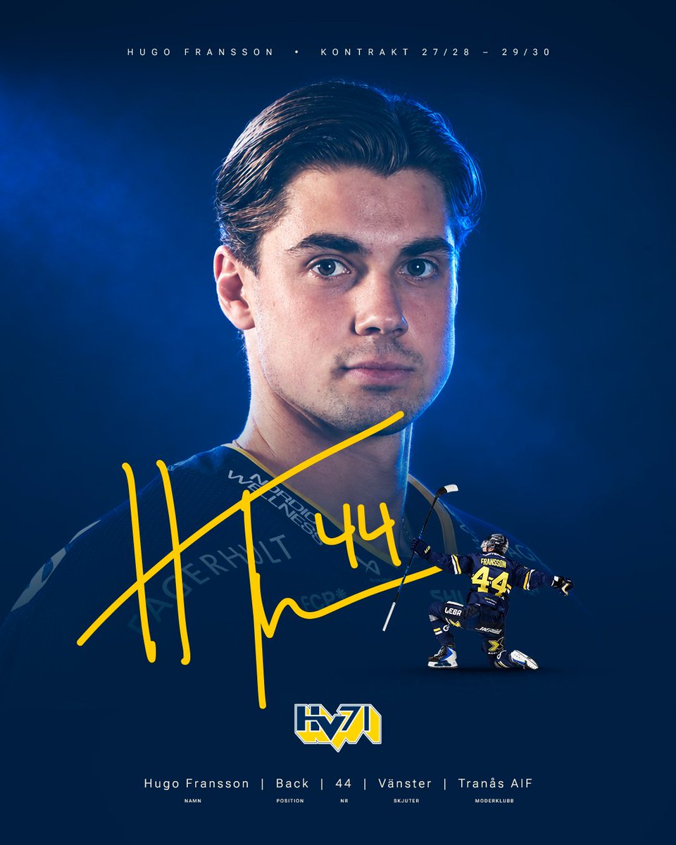 HV71's tweet photo. ✍️ Hugo Fransson skriver nytt treårskontrakt med HV71!

🗨️ "Jag är oerhört tacksam att få vara kvar här i tre år till. HV71 betyder mycket för mig och jag har mycket att tacka klubben för den utveckling jag haft", säger Hugo Fransson.

➡️ Läs mer på https://t.co/xgDEvAdlDK https://t.co/EpykWWGGhg