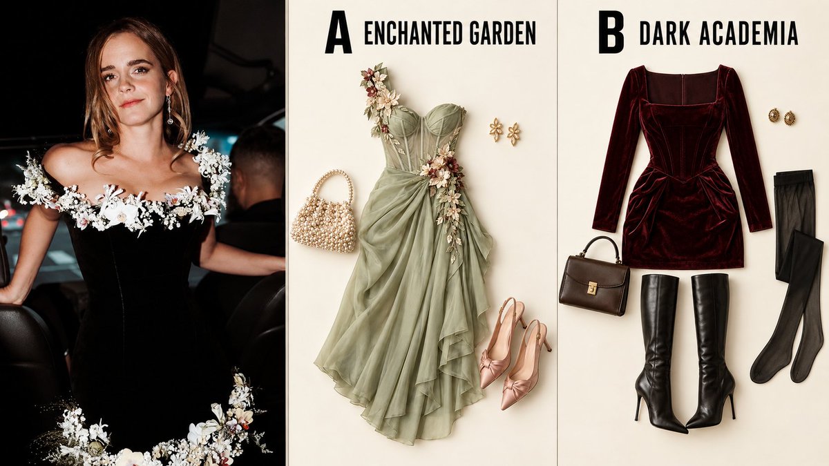 LookloomAI's tweet photo. Emma Watson turned flowers into fashion.

Now, which autumn story should she step into next?

A — Enchanted Garden
B — Dark Academia

Reply A or B — we’ll create the look.

Unofficial AI fashion concept. https://t.co/gGSty3N4M5