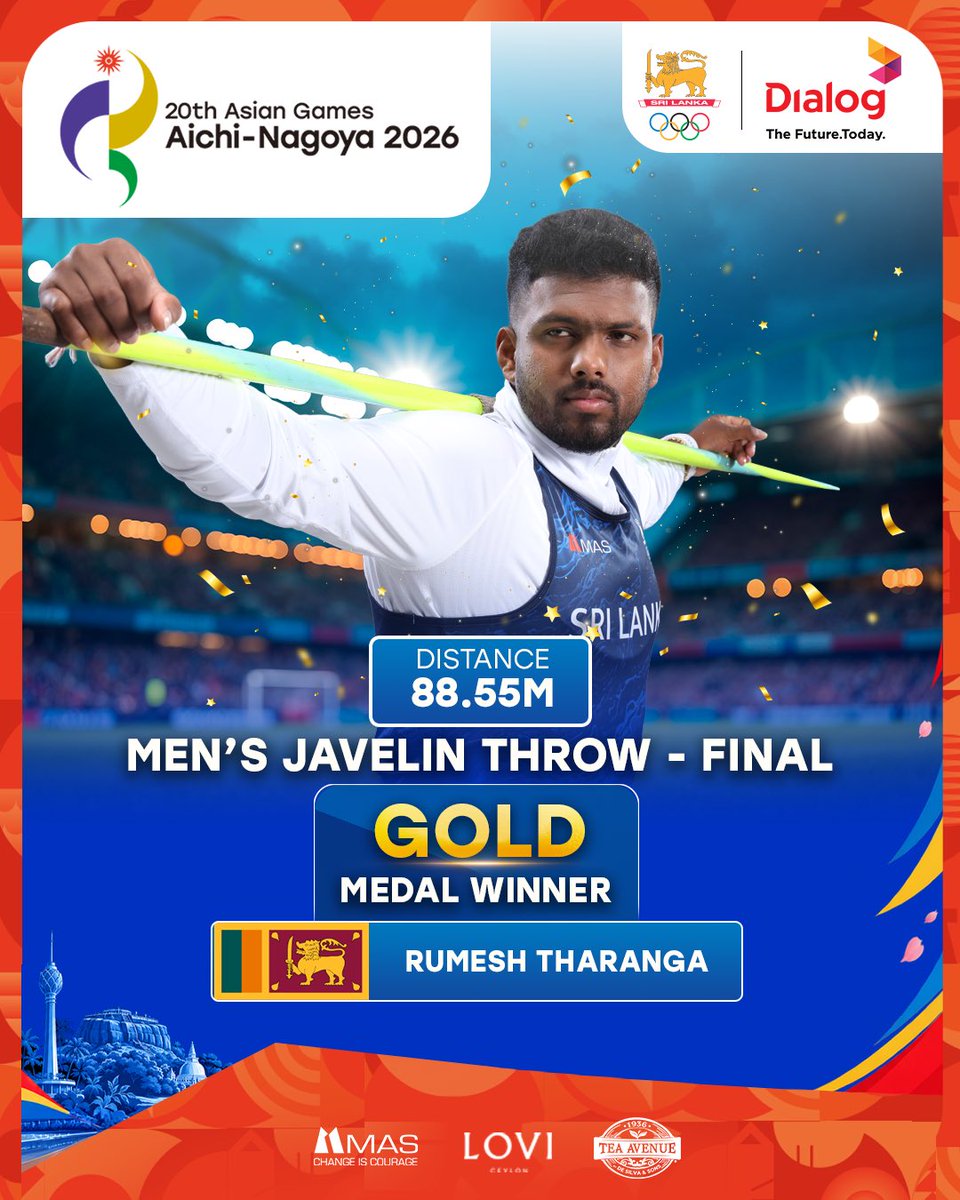 OlympicLK's tweet photo. GOLD FOR SRI LANKA 🇱🇰🥇

Rumesh Tharanga has won the Men’s Javelin Throw Gold Medal at the 20th Asian Games Aichi-Nagoya 2026, throwing an incredible 88.55m to take the top spot.

Congratulations, Rumesh! You’ve done it again 🔥

#TeamSriLanka #AsianGames2026 #GoldMedal https://t.co/dZfA9umauO