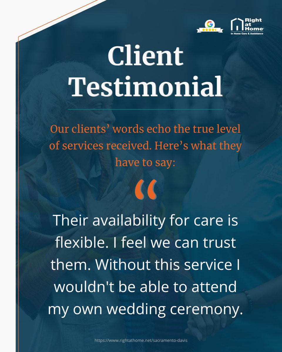 RahSacramentoca's tweet photo. To truly know what we stand for, listen to our seniors. Their daily experiences speak louder than words. Our caregivers observe, assist, and bring compassion to every care need.
#testimonial #TestimonialTime #clientreview #clienttestimonial #clientlove #CaregiverSupport https://t.co/v0xU9WJFSn