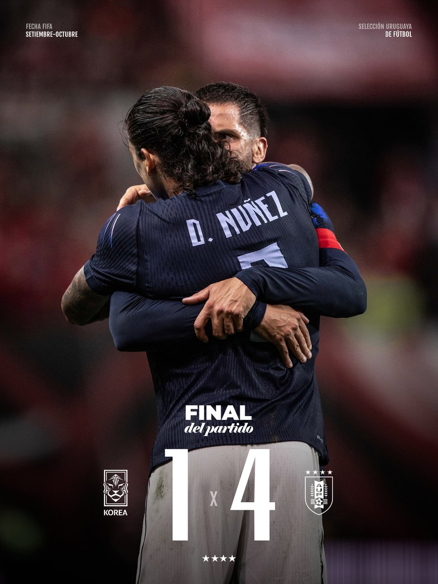 Uruguay's tweet photo. 🇺🇾 ¡𝗚𝗔𝗡𝗢́ 𝗨𝗥𝗨𝗚𝗨𝗔𝗬!

@theKFA 1-4 @Uruguay 
 
⚽⚽️ Darwin Núñez 
⚽️ Giorgian de Arrascaeta
⚽️ Kim Min-Jae (e/c)

📌 Amistoso Internacional

📺 https://t.co/iHP1kBtM9p

#ElEquipoQueNosUne https://t.co/z0McB7TRCH
