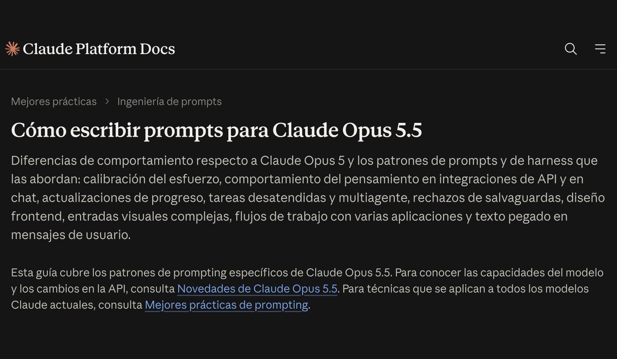 midudev's tweet photo. Anthropic acaba de publicar una guía en Español de cómo sacar el máximo partido a Opus 5.5

① effort: medium por defecto
② No digas "piensa mucho", ajusta effort
③ Di qué NO quieres, sobre todo en frontend

Aquí la guía completa:
https://t.co/TDVD4Q5hSz https://t.co/1RHe9vHou4