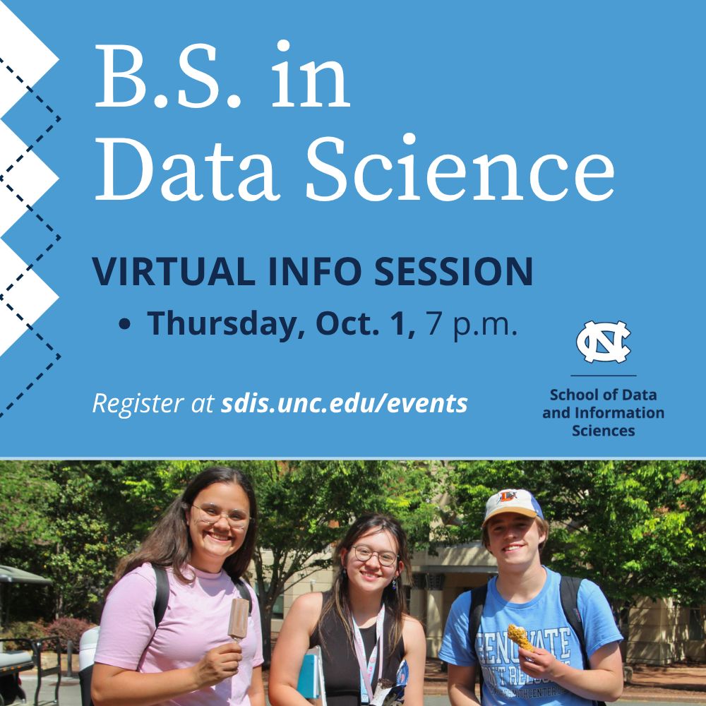 uncsdis's tweet photo. Curious what studying data science at Carolina could look like for you? π
Join our online info session to explore @UNCβs B.S. in Data Science and get your questions answered.
ποΈ Thursday, Oct. 1
β° 7 p.m.
π Register at https://t.co/5PK41ridNi
#UNCSDIS #UNC #DataScience https://t.co/270pu2Rdqx