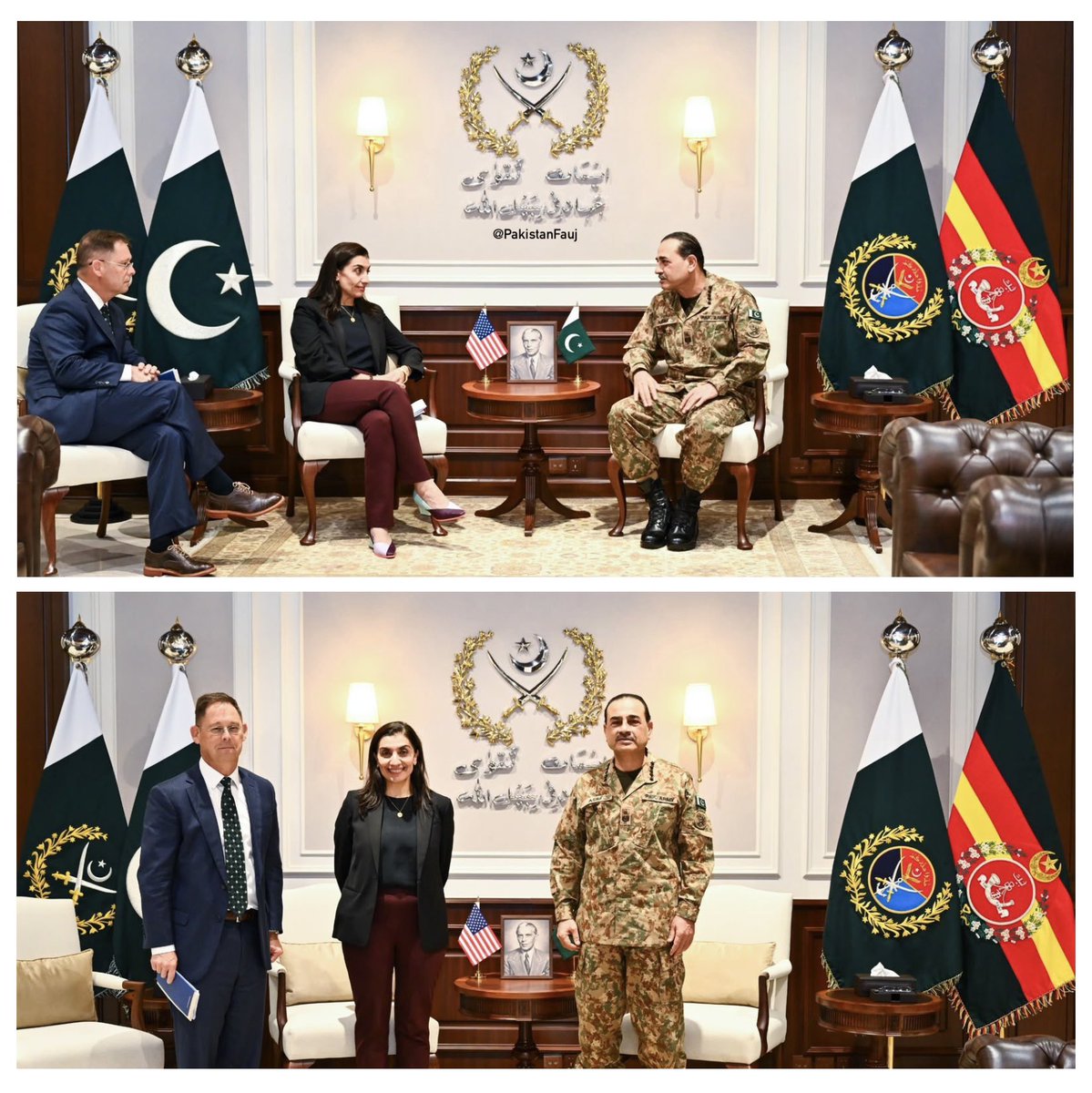 PakistanFauj's tweet photo. #ISPR Press Release 

A delegation of the U.S. Afghanistan War Commission, led by its Co-Chairs Ms. Shamila N. Chaudhary and Dr. Colin F. Jackson, called on Field Marshal Syed Asim Munir, NI (M), HJ, Chief of Army Staff and Chief of Defence Forces (COAS & CDF) of Pakistan, at General Headquarters (GHQ), Rawalpindi.

The delegation is undertaking a review of the United States’ 20-year engagement in Afghanistan. Discussions covered matters of mutual interest including Pakistan’s support, the regional security environment and developments in Afghanistan, with focus on perspectives relevant to the Commission’s work.

The COAS & CDF shared Pakistan’s perspective on the security dynamics that shaped the conflict and highlighted the challenges faced by Pakistan during the prolonged conflict in Afghanistan. He underscored the importance of incorporating the regional perspective and Pakistan’s experience in assessing the strategic, diplomatic and operational dimensions of the conflict.

The delegation acknowledged Pakistan’s longstanding role and  sacrifices during the conflict in Afghanistan and appreciated its continued contribution to regional peace and stability.