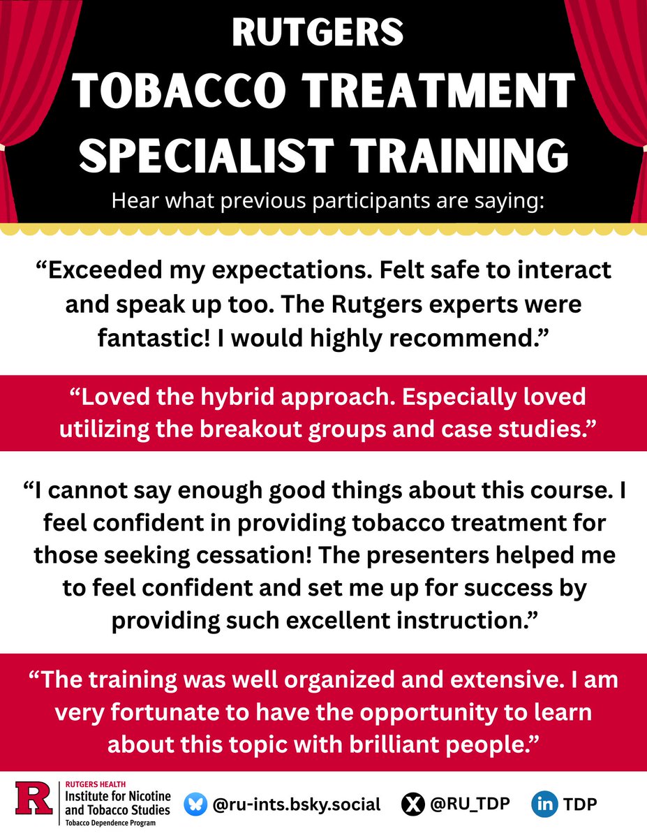 CtttpOrg's tweet photo. 👀 Curious about the Rutgers Tobacco Treatment Specialist Training?

Hear what previous participants have to say! 💬 

From building practical skills to expanding knowledge in tobacco treatment, see why participants found the training valuable.

🔗 https://t.co/nJBVKvBxyX https://t.co/b3nUo6WYz3