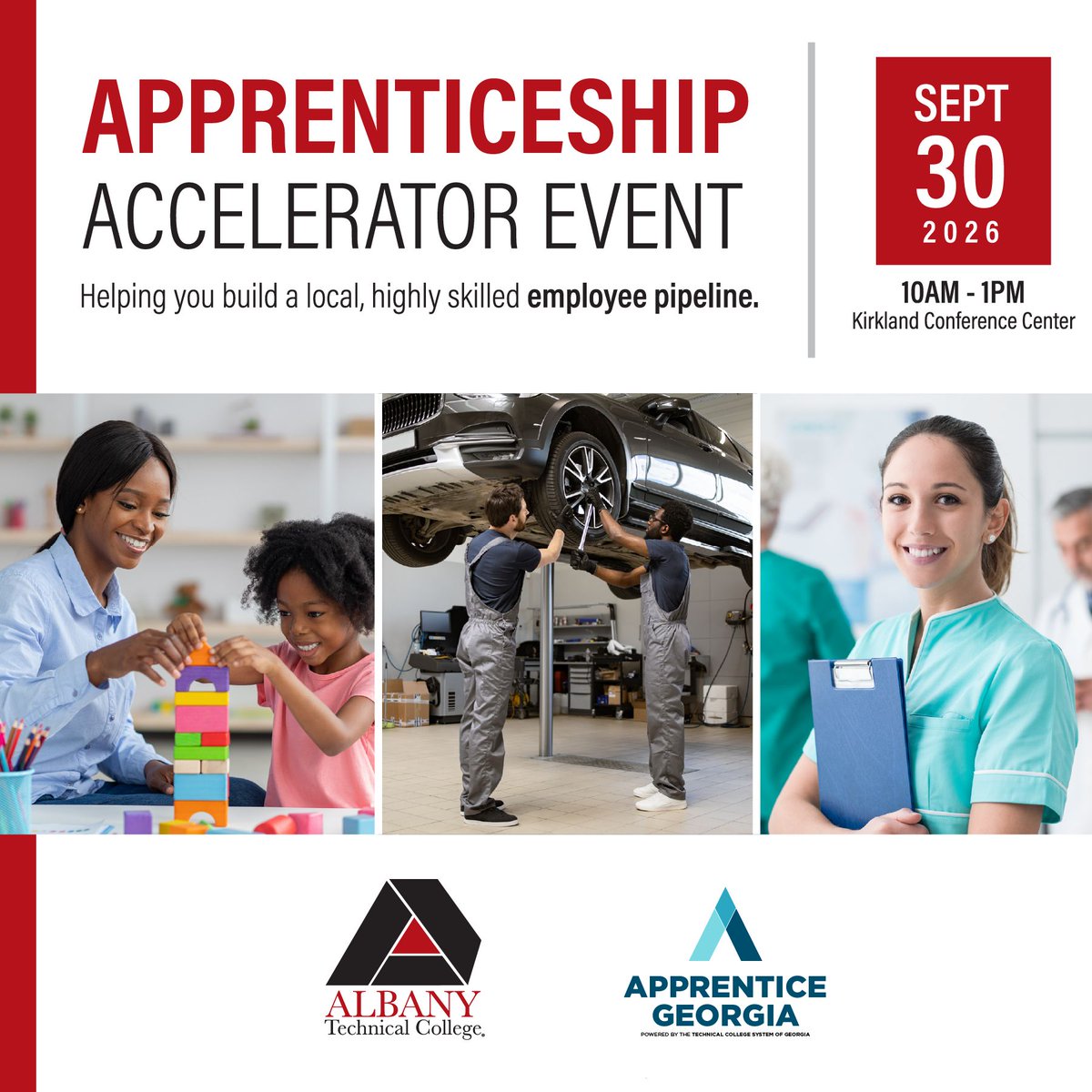 WorkSourceGA's tweet photo. Albany Employers! Apprenticeship Accelerator Event:
September 30 | 10AM - 1PM | Kirkland Conference Ctr

 👉 Industry-focused programs
 👉  hands-on training 
 👉 career-ready pathways 

Register TODAY at https://t.co/sY8e3oTxKf 

#albanyga #apprenticega #workforcedevelopment https://t.co/ugc274RF0g