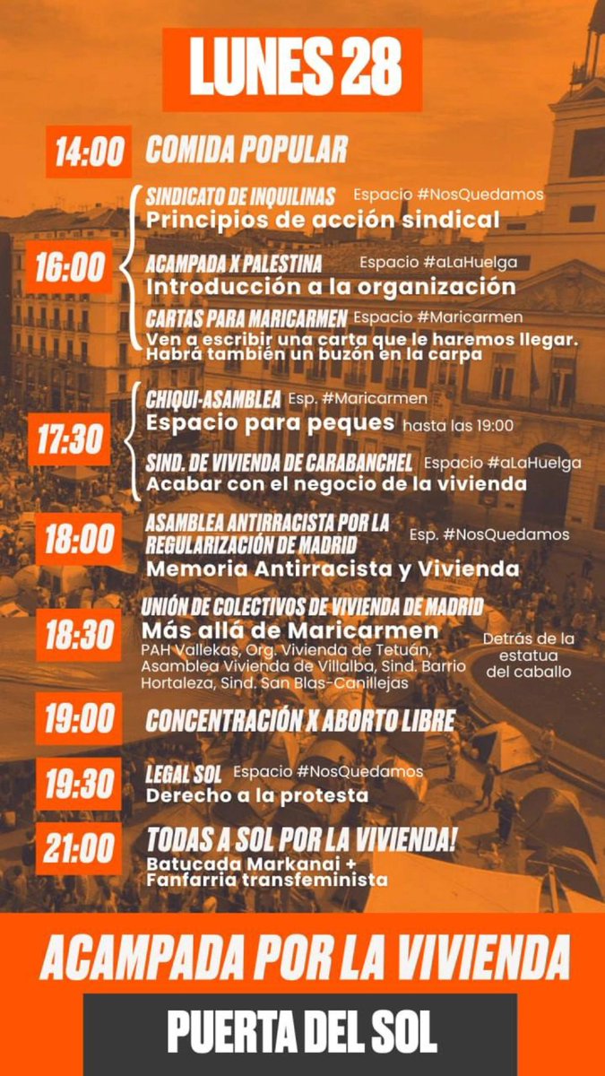 InquilinatoMad's tweet photo. ‼️ PROGRAMACIÓN ACAMPADA “NI UNA MARI CARMEN MÁS” 

🗓️ Lunes 28 de septiembre

✅ Las actividades y asambleas son abiertas, ven a todo lo que puedas! 

🔥 Vamos a cambiarlo todo https://t.co/WCz1bgVVCz