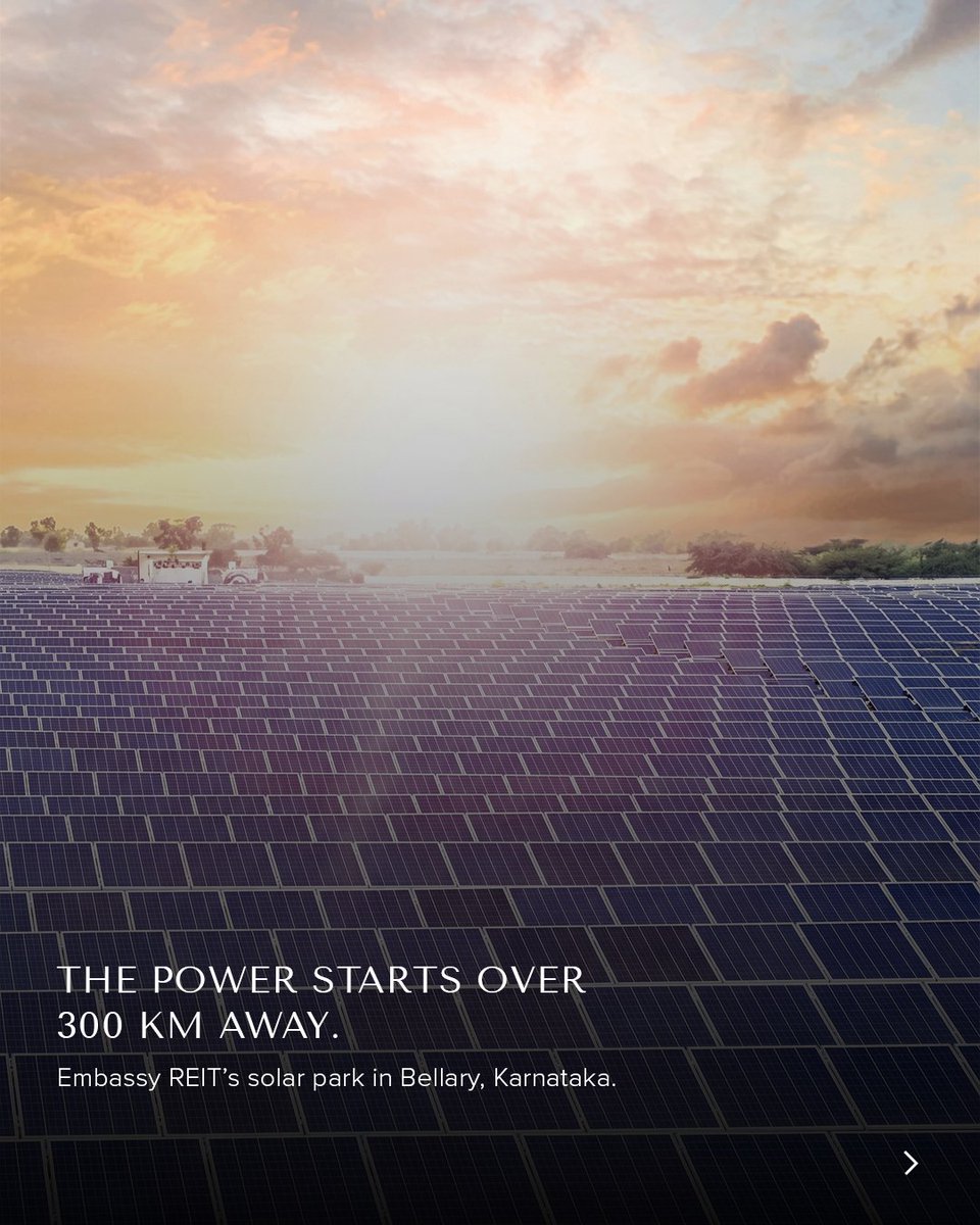embassy_reit's tweet photo. A different kind of skyline.

Spread across 460 acres, our 100 MW solar park in Bellary, Karnataka helps power our Bengaluru workplaces with green energy.

Embassy Energy at work.

#EmbassyREIT #EmbassyEnergy #EmbassyGroup https://t.co/qyZdFs1D0X
