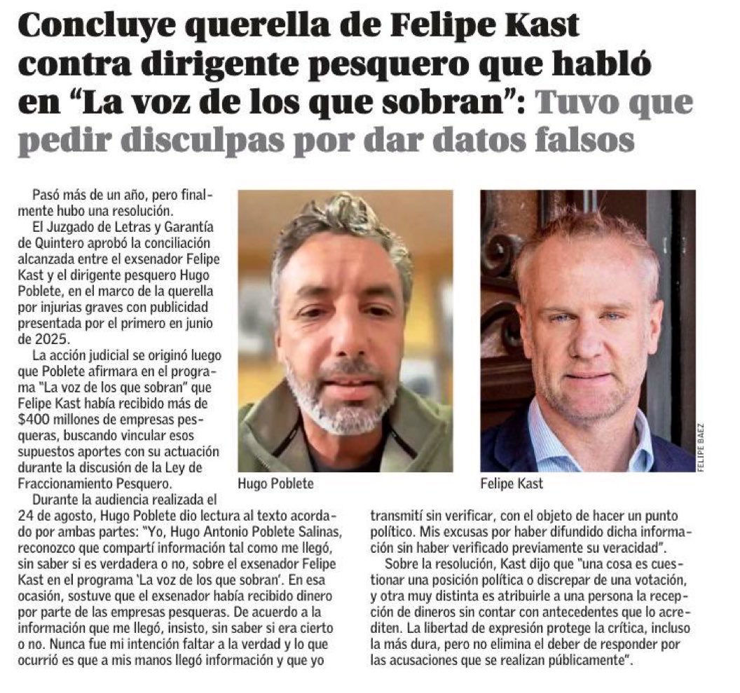 S_Schwartzmann's tweet photo. Ex senador, Felipe Kast, se querelló contra el dirigente pesquero Hugo Poblete por injurias y tribunal ordenó ofrecer disculpas públicas por una información falsa https://t.co/Bdsi7mNtWo