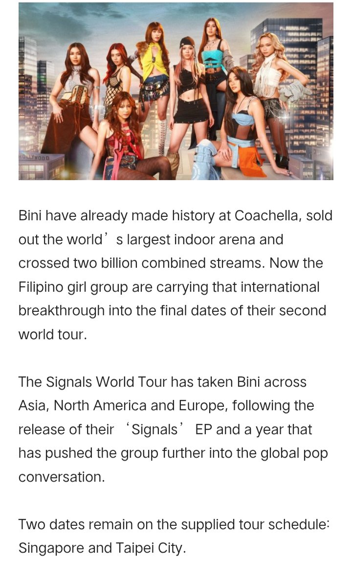 aomsdbr's tweet photo. #BINI was featured by Canadian music journalist, and radio host Eric Alper on his blog for their global breakthrough with the Signals Tour.

“Bini have already made history at Coachella, sold out the world’s largest indoor arena and crossed two billion combined streams.” https://t.co/gESgDviRq2
