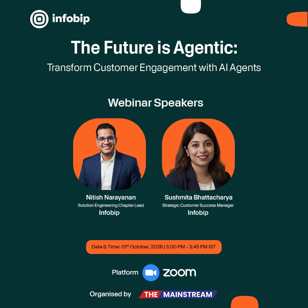 TheMainstream7's tweet photo. We’re excited to welcome Nitish Narayanan and Sushmita Bhattacharya, Infobip as distinguished speakers at “The Future is Agentic: Transform Customer Engagement with AI Agents,” an exclusive webinar by #Infobip, in collaboration with #TheMainstream.

#AgenticAI #CustomerEngagement https://t.co/vrLh36NilI