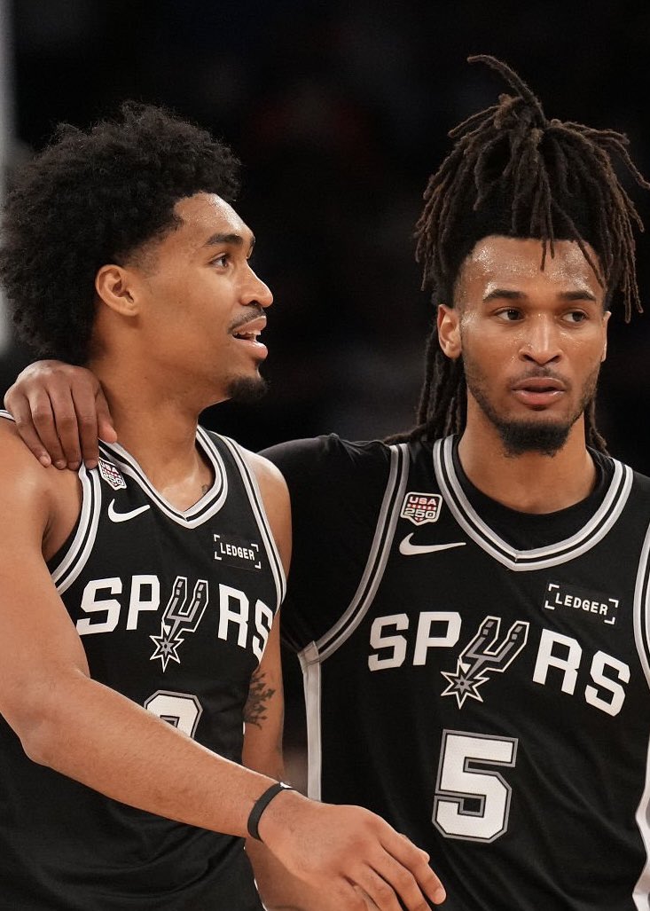 TheNBABase's tweet photo. Stephon Castle and Dylan Harper say the Spurs won’t collapse like the 2012 Thunder because San Antonio doesn't have egos:

Castle: "They had strong egos in that locker room. Strong-ass egos."

Harper: "That’s why we’re so good. We’ve got eight people on the team that, if we all had an ego, we wouldn’t blend together." 

(Via @GQMagazine)