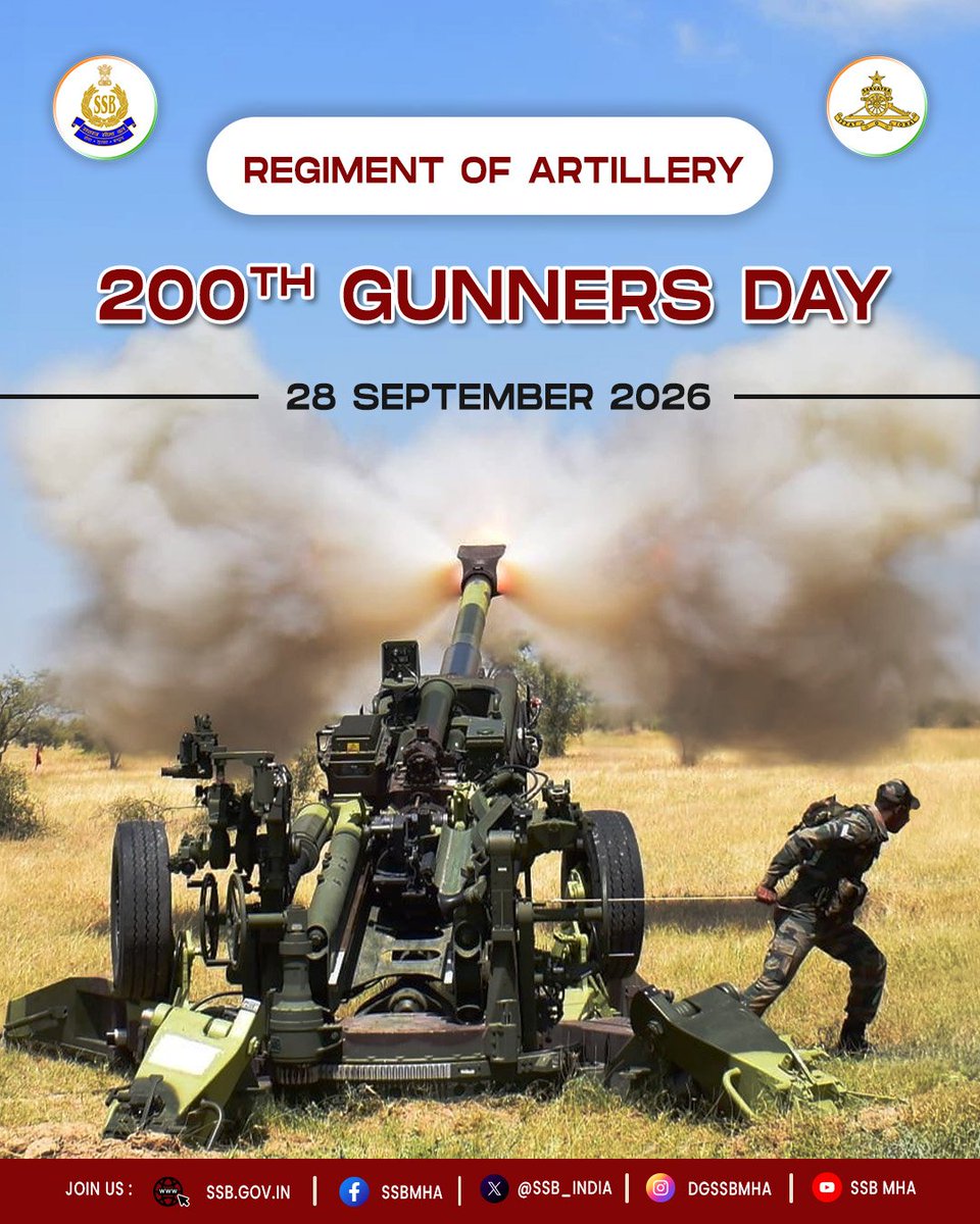 SSB_INDIA's tweet photo. On the occasion of the 200th #GunnersDay, #DGSSB and all ranks of #SSB extend warm greetings to all ranks, veterans and families of the #RegimentOfArtillery.
#IndianArmy
#SashastraSeemaBal
#NationFirst
@adgpi https://t.co/pBPPIWObnR