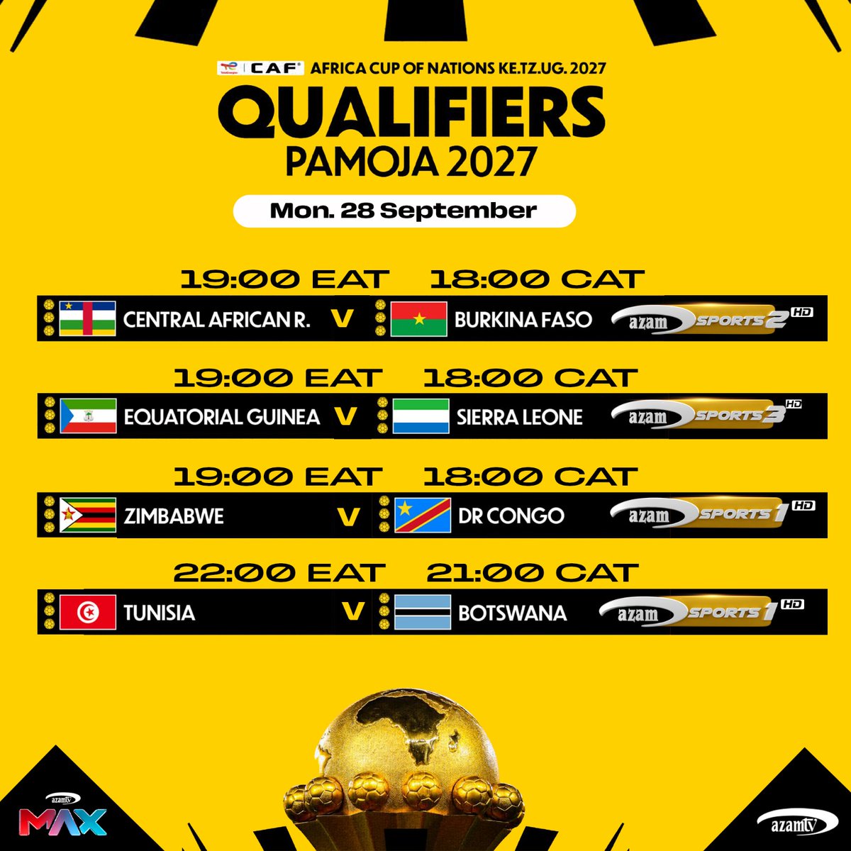 azamtvzw's tweet photo. AFCON Qualifiers Live #AzamTV
Zimbabwe 🇿🇼 🆚 🇨🇩 DRC @AzamSports 1(HD)⌚18:00 CAT
#FollowYourStars💫 #GoWarriorsGo 🇿🇼 #Munetsi 🇿🇼 https://t.co/wlG4s294Oh