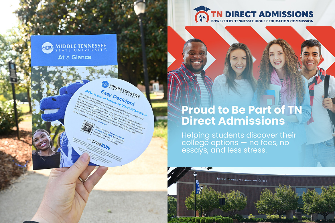 MTSUNews's tweet photo. Starting this fall, MTSU is participating in TN Direct Admissions, which is designed to make applying to college simpler. The best part? No traditional long-form application. No application fee. 🙌 Click link in bio. https://t.co/mmNIItI77q