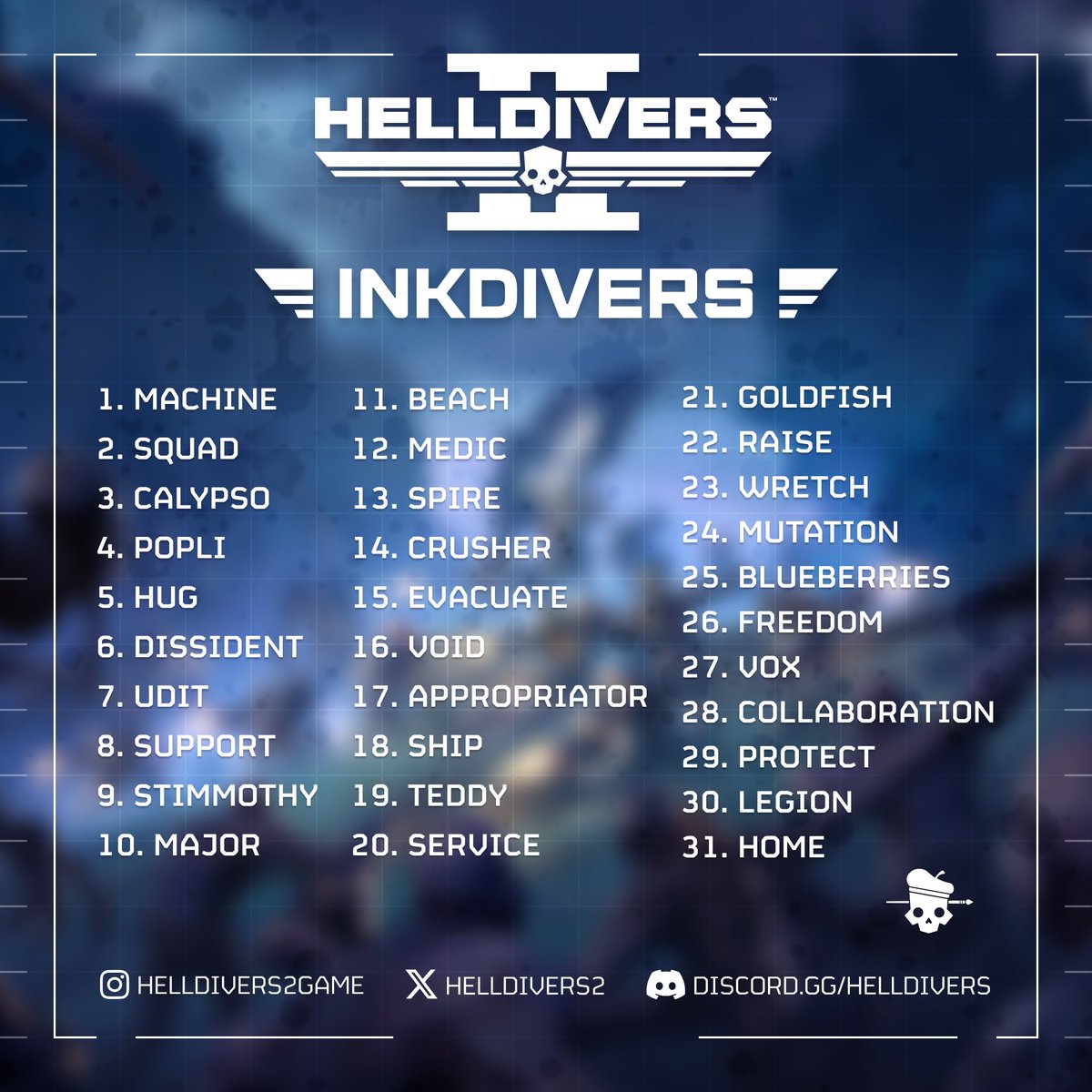 helldivers2's tweet photo. Helldivers, the time has come again to show your creativity. This October, High Command has authorized the #Inkdivers Drawing Challenge 2026. 

Create masterpieces for each day based on the prompt, spread them democratically across the internet, and tag us on social media. 

Deployment begins October 1st.
