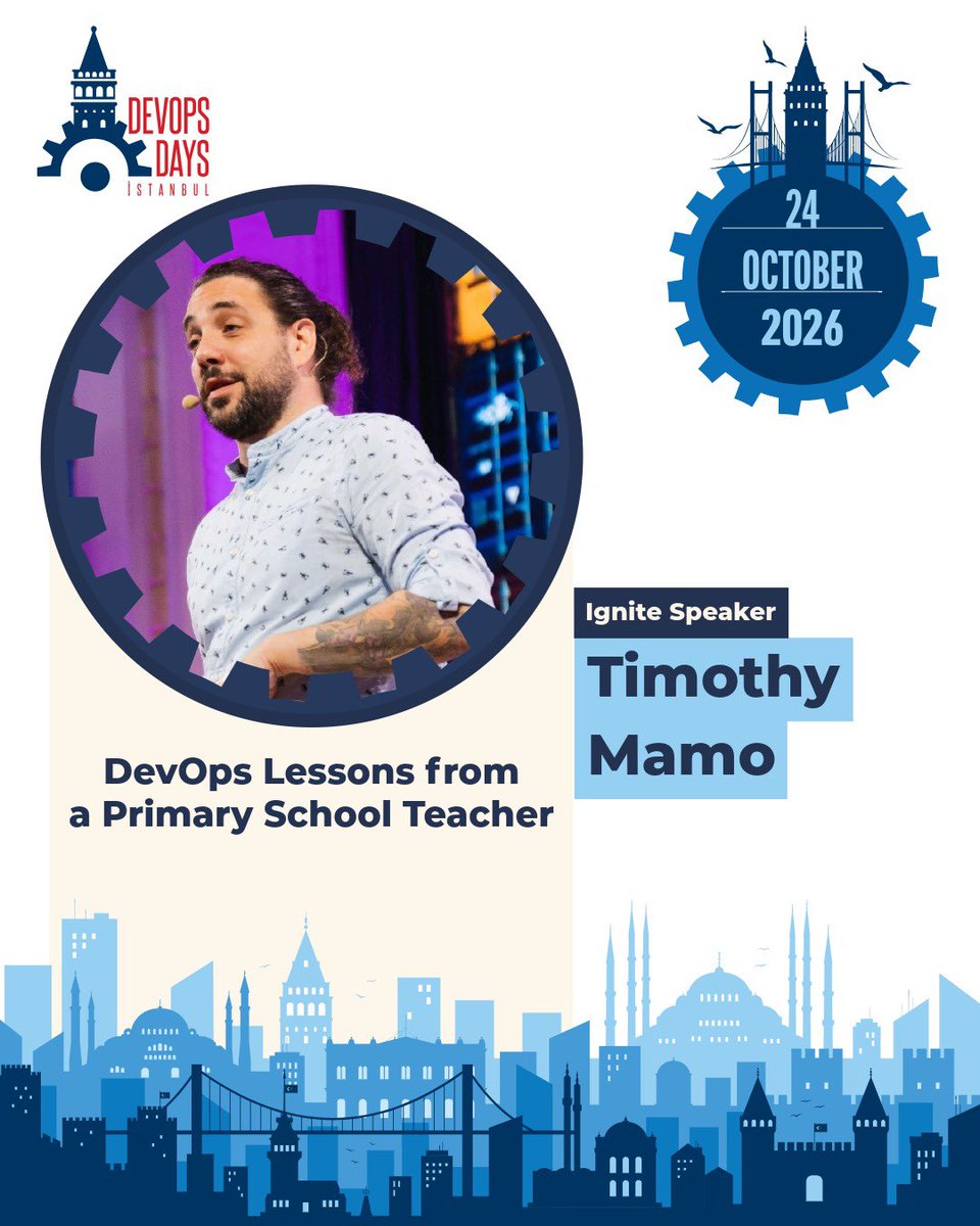 devopsdaysist's tweet photo. ⚡ Timothy Mamo (Cloud Native Consultant @FikaWorks ) is joining our DevOpsDays Istanbul 2026 Ignite lineup! 🚀

🏫 In “DevOps Lessons from a Primary School Teacher,” Timothy shares a fun take on translating skills from outside tech into our everyday engineering world.

💥 First time experiencing Ignite?
The rule is simple: 20 slides auto-changing every 15 seconds. 5 minutes each—high energy, straight to the point!

🎟️ Get your ticket: https://t.co/DLBg9ZQFdR 
📅 October 24, 2026
📍 Dedeman Bostancı Hotel

#DevOps #DevOpsDays #DevOpsDaysIst2026 #IgniteTalk