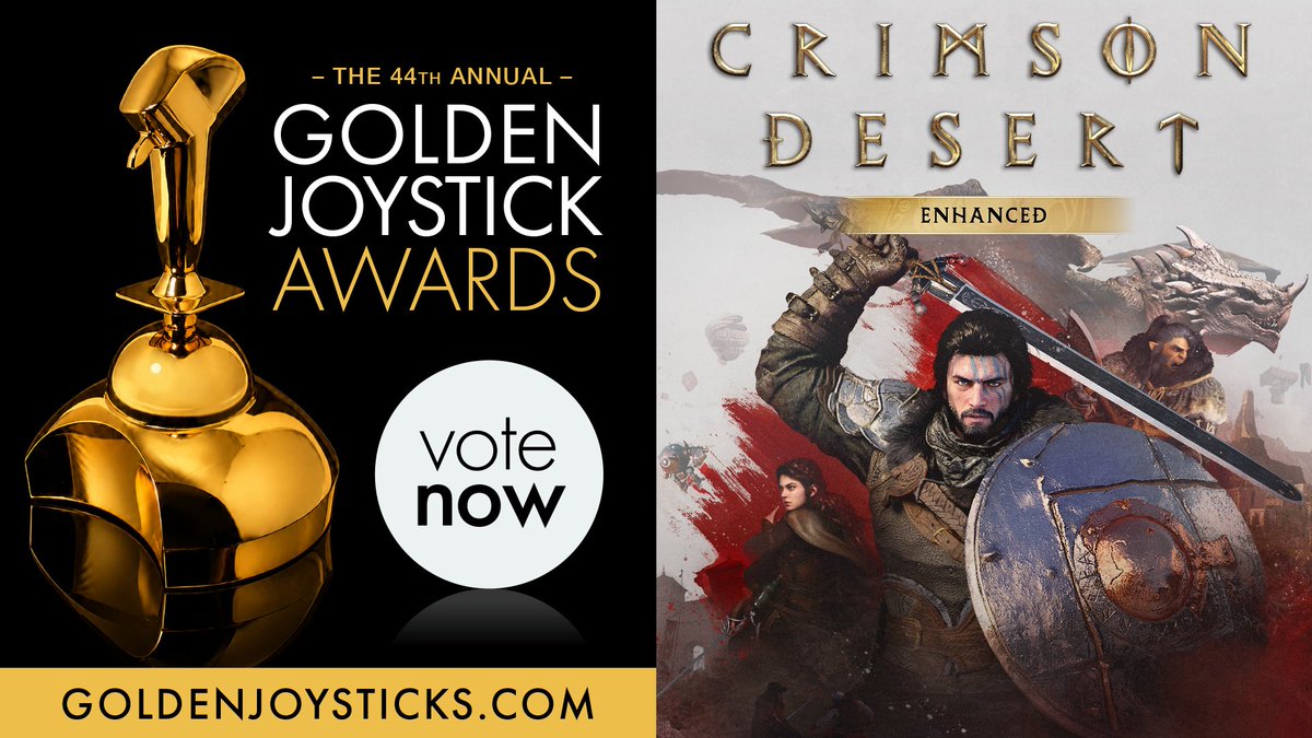 CrimsonDesert_'s tweet photo. #CrimsonDesert is nominated for PC Game of the Year AND Best Soundtrack at the @GoldenJoysticks Awards 2026! 🎮🎶

Thank you for all the support; every vote counts! Cast yours here ▶️ https://t.co/sgxnlgKcab https://t.co/3MT3Tk3um2