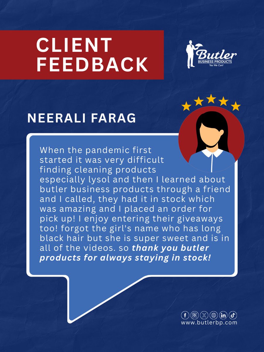 ButlerBusiness's tweet photo. Neerali found us during a time when cleaning supplies were nearly impossible to find. And guess what? We came through.

Thank you, Neerali, for trusting Butler (and for always noticing the people behind the counter).

We’re still here, still stocked: https://t.co/enHGcBh1nv https://t.co/KNIk5m8CaM