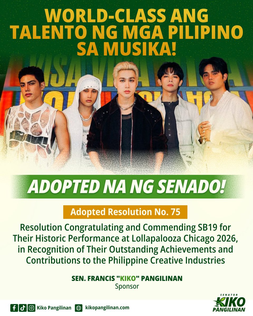 kikopangilinan's tweet photo. 𝗦𝗕𝟭𝟵, 𝗣𝗔𝗠𝗕𝗔𝗡𝗦𝗔𝗡𝗚 𝗣𝗥𝗜𝗗𝗘 𝗦𝗔 𝗟𝗢𝗟𝗟𝗔𝗣𝗔𝗟𝗢𝗢𝗭𝗔!

Isa sa pinakamalaki at pinakamaimpluwensiyang music festivals sa buong mundo ang Lollapalooza. At humarap sila sa isang pandaigdigang audience na alam kung sino ang karapat-dapat pakinggan.

With pride and deep admiration, we celebrate what these young Filipinos have achieved on the world stage: world-class artistry, discipline, craftsmanship, and a distinctly Filipino voice.

At hindi lang sila basta nag-perform sa Chicago. They represented Filipinos here and around the world. They carried Filipino music, movement, language, and excellence with confidence and heart.

Sa Lollapalooza 2026, nag-preview sila ng kanilang rendition ng "Mga Kababayan" ng kababayan nating si Francis Magalona. Ipinaalala nila sa atin na ang musikang Pilipino ay hindi lang simpleng entertainment. Ang musikang Pilipino ay alaala, identity, at panawagang magkaisa.

Naitatak na nila ang musikang Pilipino sa pandaigdigang entablado at nagbukas ng landas para sa marami pang susunod sa kanilang yapak.

SB19 are pathfinders, and the nation is proud to follow the music they have made possible.