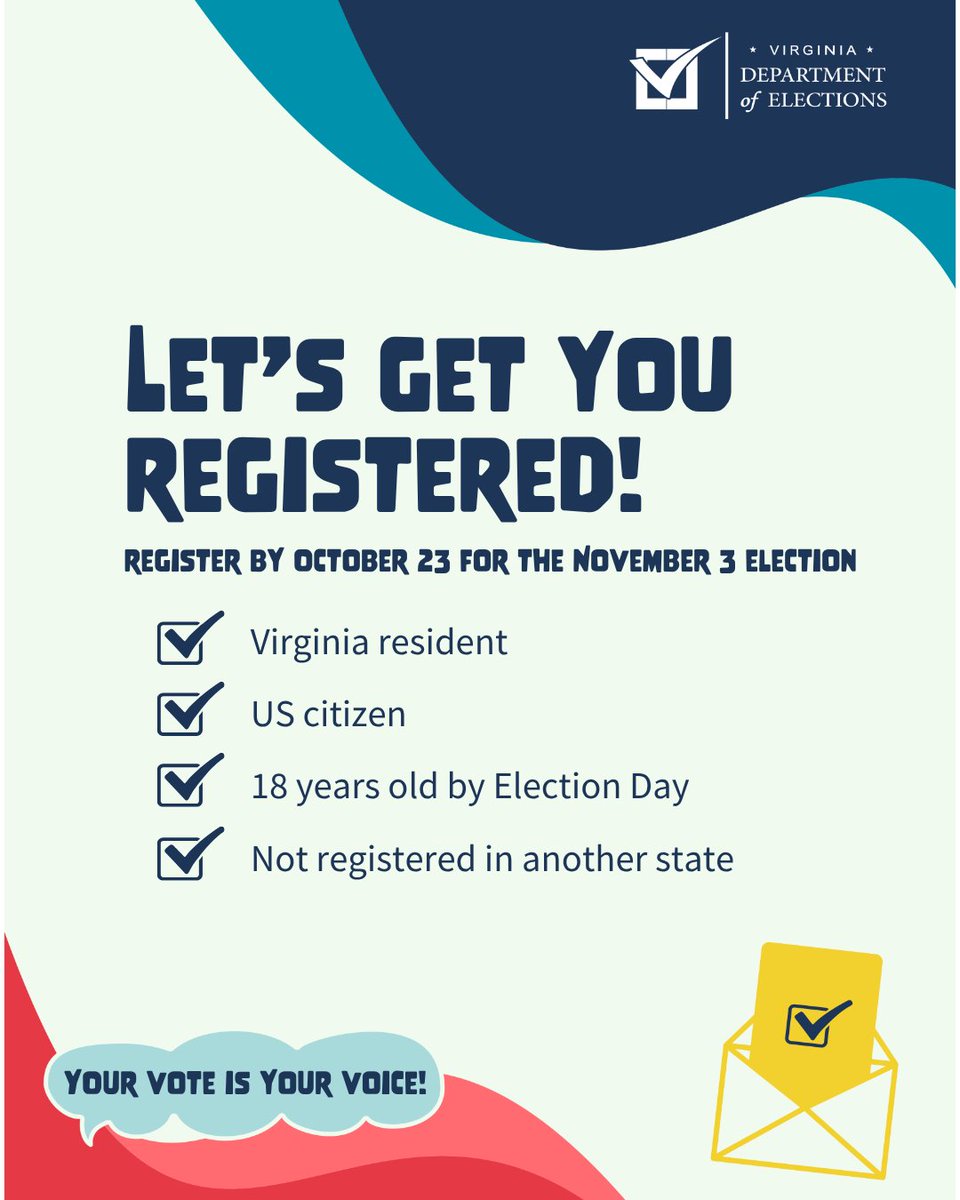vaELECT's tweet photo. To register to vote in Virginia, you must be a Virginia resident, a U.S. citizen, and 18 years old by Election Day, Nov. 3.

The last day to register or make updates and cast a regular ballot, is October 23. Review the requirements at https://t.co/7MyJjcbKoE.

#VoterRegistration https://t.co/VAVsV6aLTD