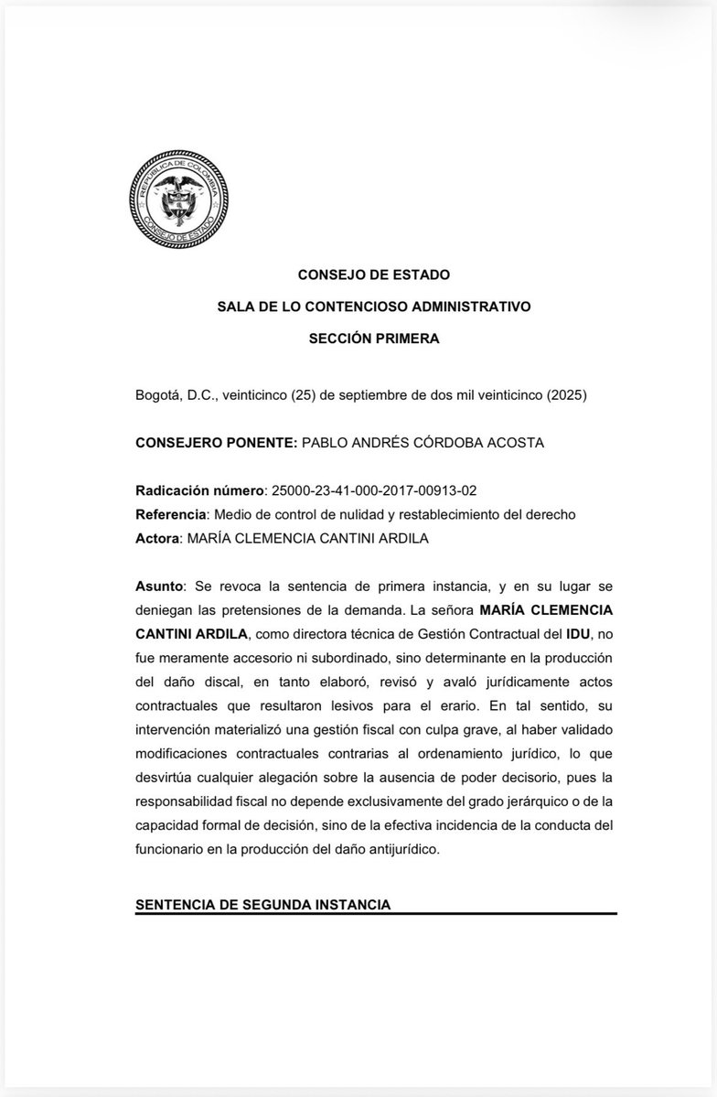 A_PeraltaR's tweet photo. 1/5 El @consejodeestado precisó que la responsabilidad fiscal no recae exclusivamente sobre quien ordena el gasto o administra directamente los recursos públicos. También puede comprender a los servidores que, en ejercicio de funciones jurídicas, intervienen de manera determinante en decisiones contractuales que ocasionan un detrimento patrimonial.