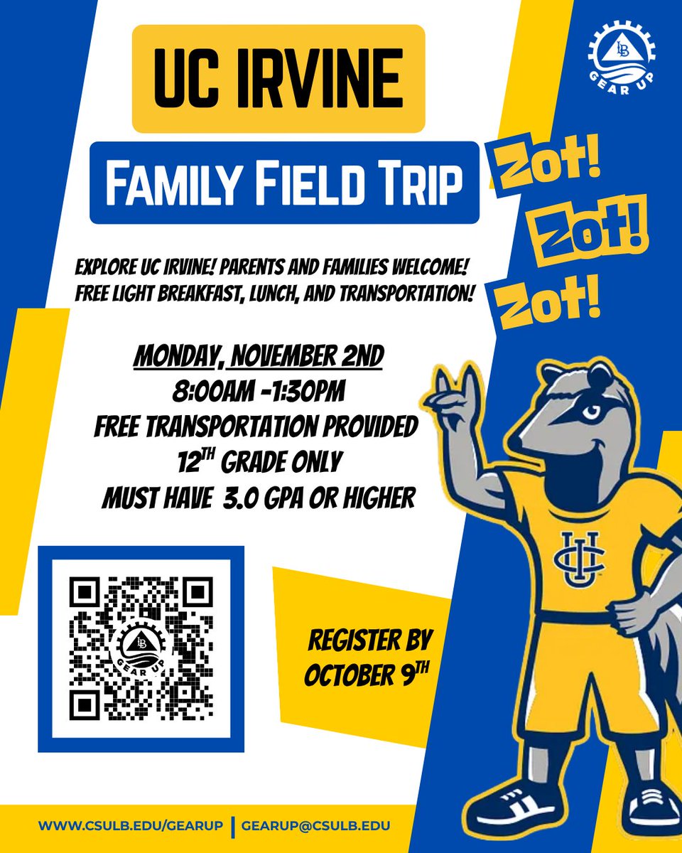 gearuplb's tweet photo. 🎓 GEAR UP seniors (3.0+ GPA) &amp; families: Tour UC Irvine Monday, Nov. 2, 8 AM–1:30 PM! Free transportation, light breakfast &amp; lunch provided. Scan the QR code to register by Oct. 9. https://t.co/ihXOh6EsQ6