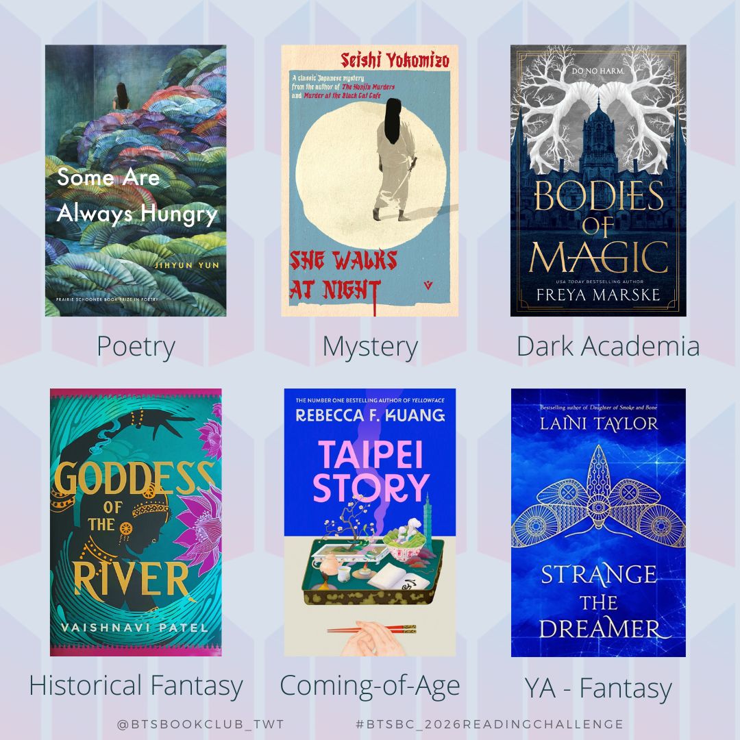BTSBookClub_twt's tweet photo. For October that's arriving in a few days, our #BTSBC_2026ReadingChallenge prompt focuses on a genre you rarely/never read. As always, here's a recs list that also includes some titles we've already read in this book club + by BTS. Happy Reading π«° ππ±
#BTSBookClub #BTSARMY https://t.co/VY58D4dHo5