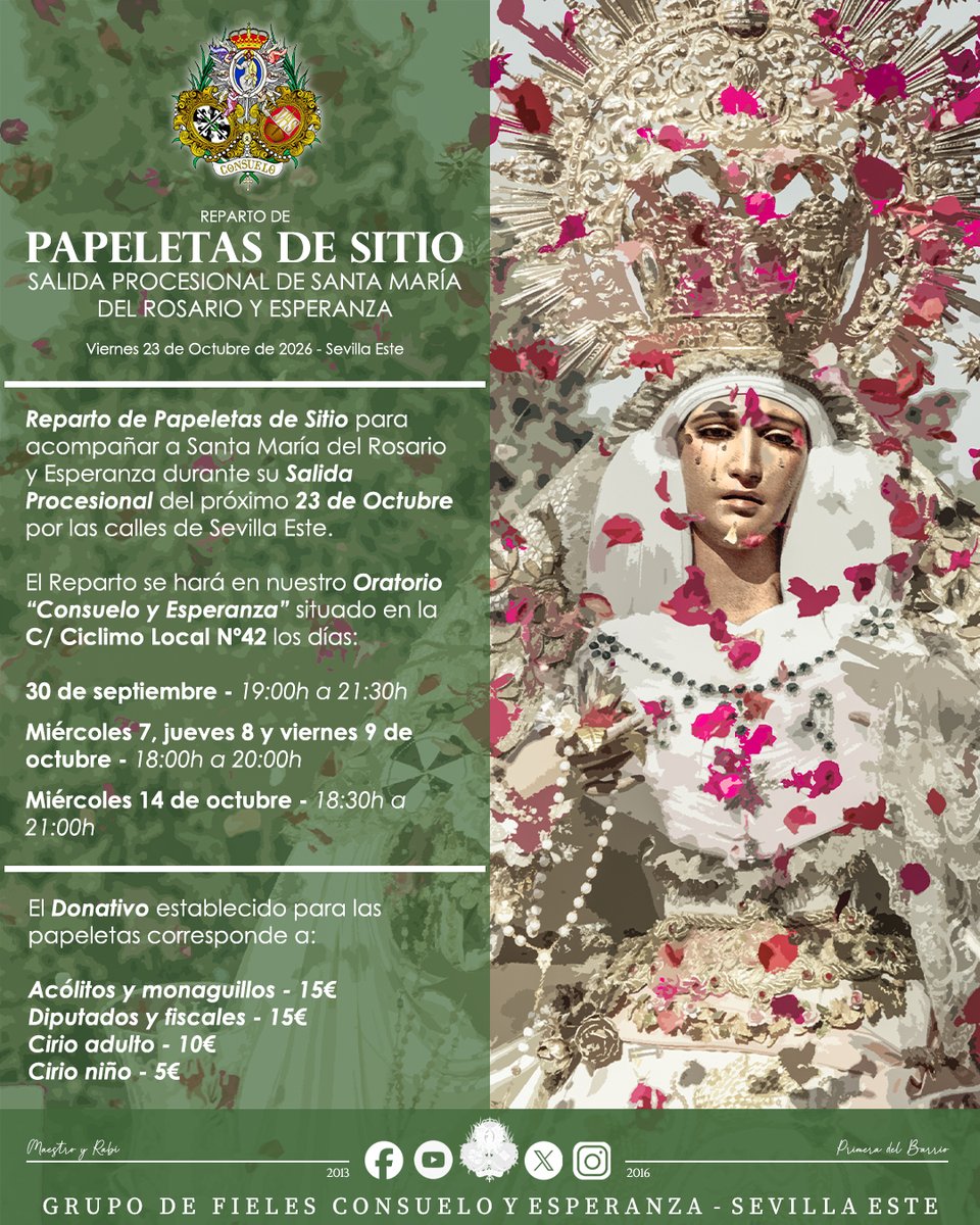 ConsueloSevEste's tweet photo. 🗓️ 𝐑𝐞𝐩𝐚𝐫𝐭𝐨 𝐝𝐞 𝐏𝐚𝐩𝐞𝐥𝐞𝐭𝐚𝐬 𝐝𝐞 𝐒𝐢𝐭𝐢𝐨

Todo comienza en Sevilla Este, a las puertas del mes del Rosario.

Comenzamos esta semana el Reparto de Papeletas de Sitio para acompañar a Santa María del Rosario y Esperanza en su Salida Procesional.

📷#RosaDeOctubre https://t.co/Kj7ZDVvXUy