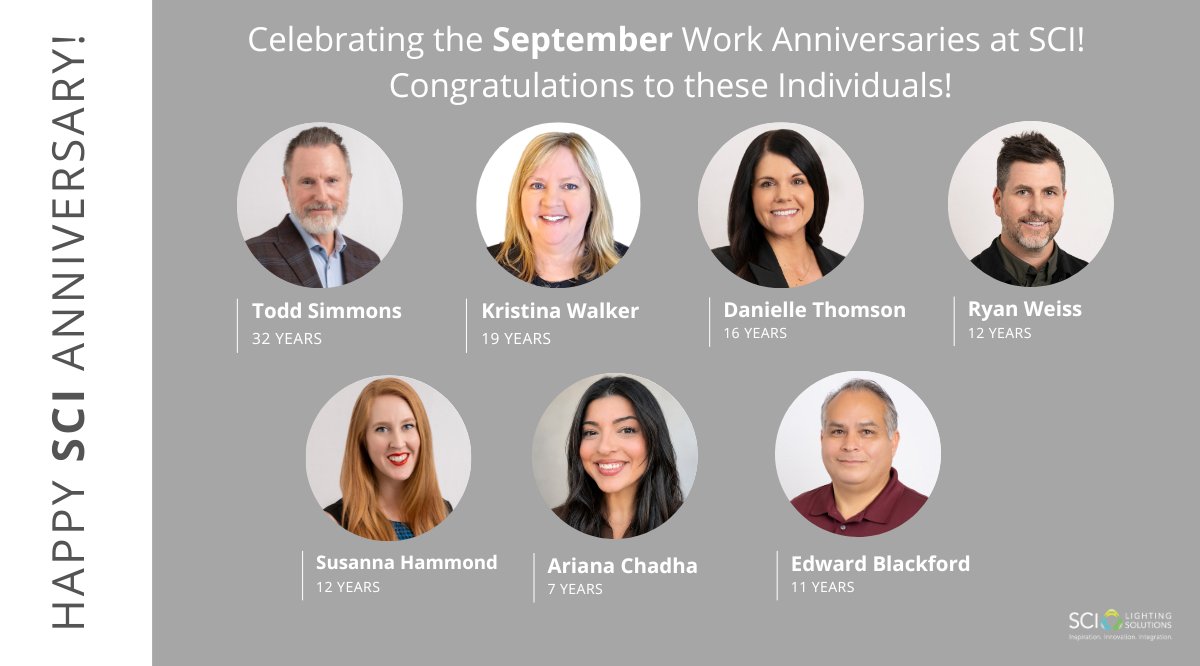 sci_lights's tweet photo. Happy work anniversary to our September team members! We’re especially excited to celebrate Todd Simmons and Kristina Walker on their significant milestones.  https://t.co/pSXBFefoxI 

#TeamSCI #SCIAnniversary #WorkAnniversary #Congratulations #LoveWhereYouWork #SCILights https://t.co/3vN8Bf6bhb