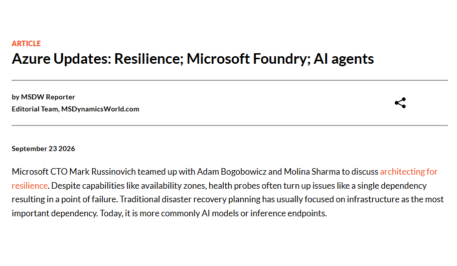 msdynamicsworld's tweet photo. #Azure Updates: Resilience; Microsoft Foundry; AI agents. https://t.co/35vWpoKgfd https://t.co/sSj9De5kOS