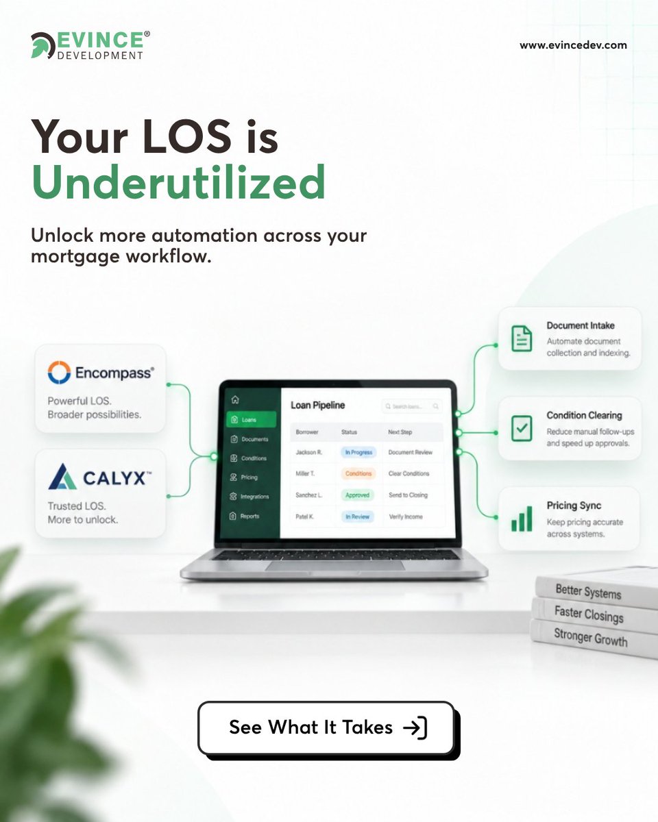 evincedev's tweet photo. Your LOS may be capable of more than your current workflow allows.

API-first integration can connect document intake, pricing, condition clearing, and third-party tools without replacing the core LOS.

https://t.co/j5vrF90Cda

#MortgageTech #LOSIntegration #FinTech #EvinceDev https://t.co/ZbHh7XJ9wl