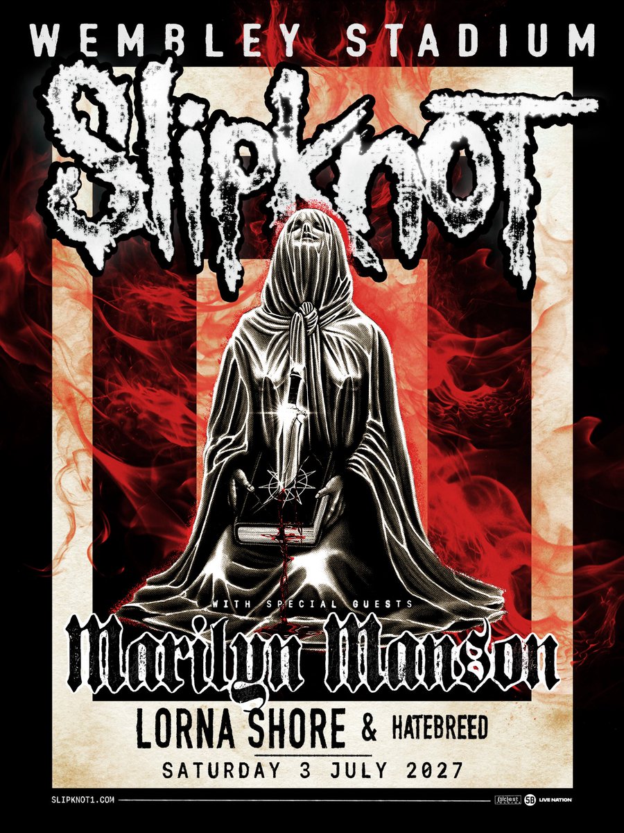 marilynmanson's tweet photo. Marilyn Manson will be performing with Slipknot in London & South America in 2027.

Presale starts Wednesday, 9/30 with password: SICEST

Tickets available at https://t.co/9AmQqAxZM8

7/03 - London, UK - Wembley Stadium

9/04 - São Paulo, Brazil - The Town Festival
9/08 - Buenos Aires, Argentina - Estadio Huracán 
9/12 - Santiago, Chile - Estadio Nacional
9/14 - Lima, Peru - Estadio Nacional
9/16 - Bogota, Colombia - Vivo Claro