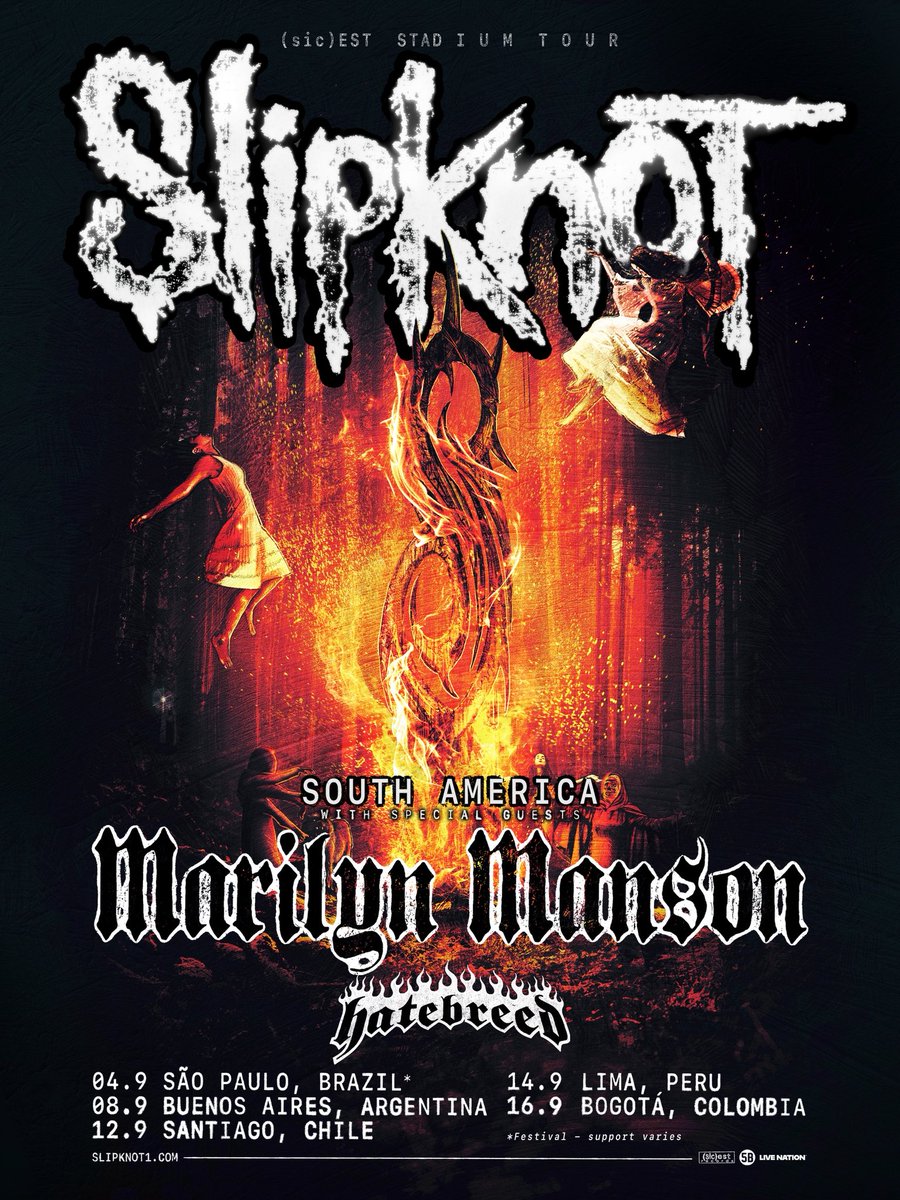 marilynmanson's tweet photo. Marilyn Manson will be performing with Slipknot in London & South America in 2027.

Presale starts Wednesday, 9/30 with password: SICEST

Tickets available at https://t.co/9AmQqAxZM8

7/03 - London, UK - Wembley Stadium

9/04 - São Paulo, Brazil - The Town Festival
9/08 - Buenos Aires, Argentina - Estadio Huracán 
9/12 - Santiago, Chile - Estadio Nacional
9/14 - Lima, Peru - Estadio Nacional
9/16 - Bogota, Colombia - Vivo Claro