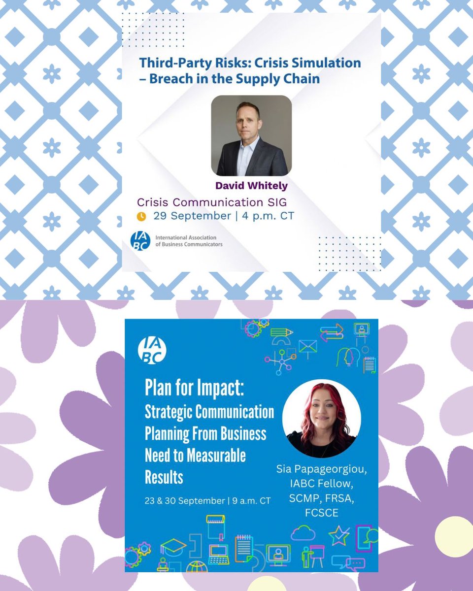 IABCDC's tweet photo. This week from #IABC! 🎙️

1️⃣ 9/29: Crisis Comms SIG: Third-Party Risks
2️⃣ 9/30: Master Class: Plan for Impact
3️⃣ 9/30: #IABCSeattle: Comms 101

More info and register: https://t.co/cIPeGXE8cX

#IABCDC #IABCUSRegion https://t.co/hB5SpHlFuT