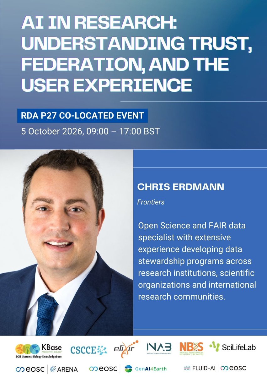 EOSCArena's tweet photo. Christopher Erdmann (Frontiers) joins AI in Research at RDA P27 on open science, FAIR data and data stewardship.
5 Oct: https://t.co/aLUq9Zji9t
#RDAPlenary #AIinResearch #FAIRData https://t.co/8lXO7LVncC