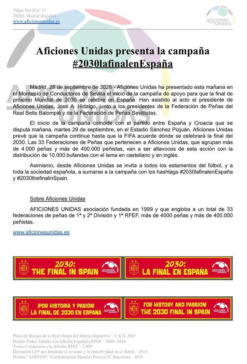 fpcdtenerife's tweet photo. Aficiones Unidas ha presentado hoy su campaña de apoyo a la celebración en nuestro país de la Final del Mundial 2030 ⭐⭐

#2030lafinalenEspaña
#2030thefinalinSpain 

@rfef 
@SEFutbol 
@AficionesUnidas https://t.co/qwHjq7LM1i