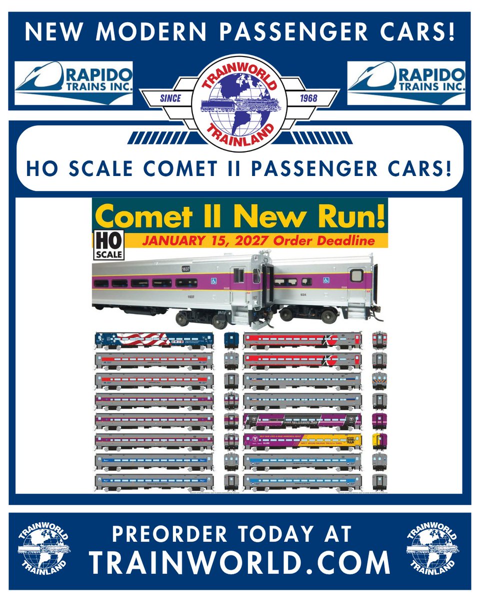 Trainworld's tweet photo. Commute in style with the new @RapidoTrains HO Comet II’s! 💺

PreOrder today at https://t.co/i7Kp3pvGj1! https://t.co/NYYdP2NqEA

#rapidotrains #hoscale #cometii #passengercar #rollingstock #preorder #trainworld #trainland #modeltrains #trains https://t.co/OHO9DOtean