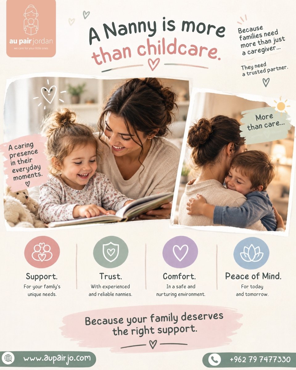 aupairjordan's tweet photo. A nanny is more than childcare. 🤍
She can be a trusted presence, a source of comfort, and a valuable support for the whole family. Support. Trust. Comfort. Peace of Mind.
Because your family deserves the right support. 
📞 +962 79 7477330
🌐 https://t.co/b3QBPlXyZE
#AuPairJordan https://t.co/DYednTZgG2