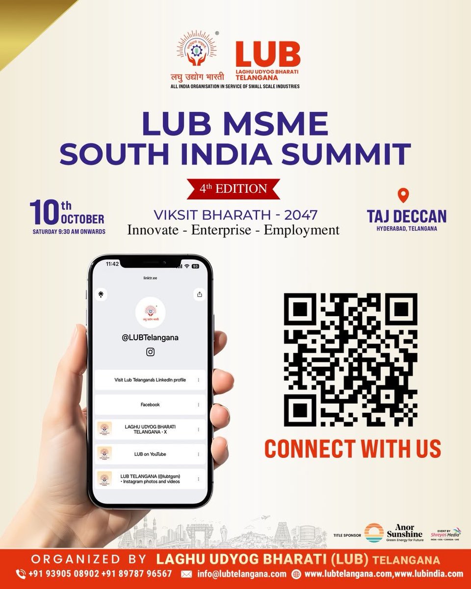 lubtgsm's tweet photo. 📅 10 October 2026 | 9:30 AM onwards
📍 Taj Deccan, Hyderabad
Organised by LUB Telangana
Event Managed by Shreyas Media
@PMOIndia @minmsme @lubindia @lubtgsm
#LUBMSMESouthIndiaSummit #LUBMSME #MSMESummit #ViksitBharat #SouthIndiaMSME #Hyderabad #LUBTelangana #ShreyasMedia https://t.co/v3dbs6Ll4Y