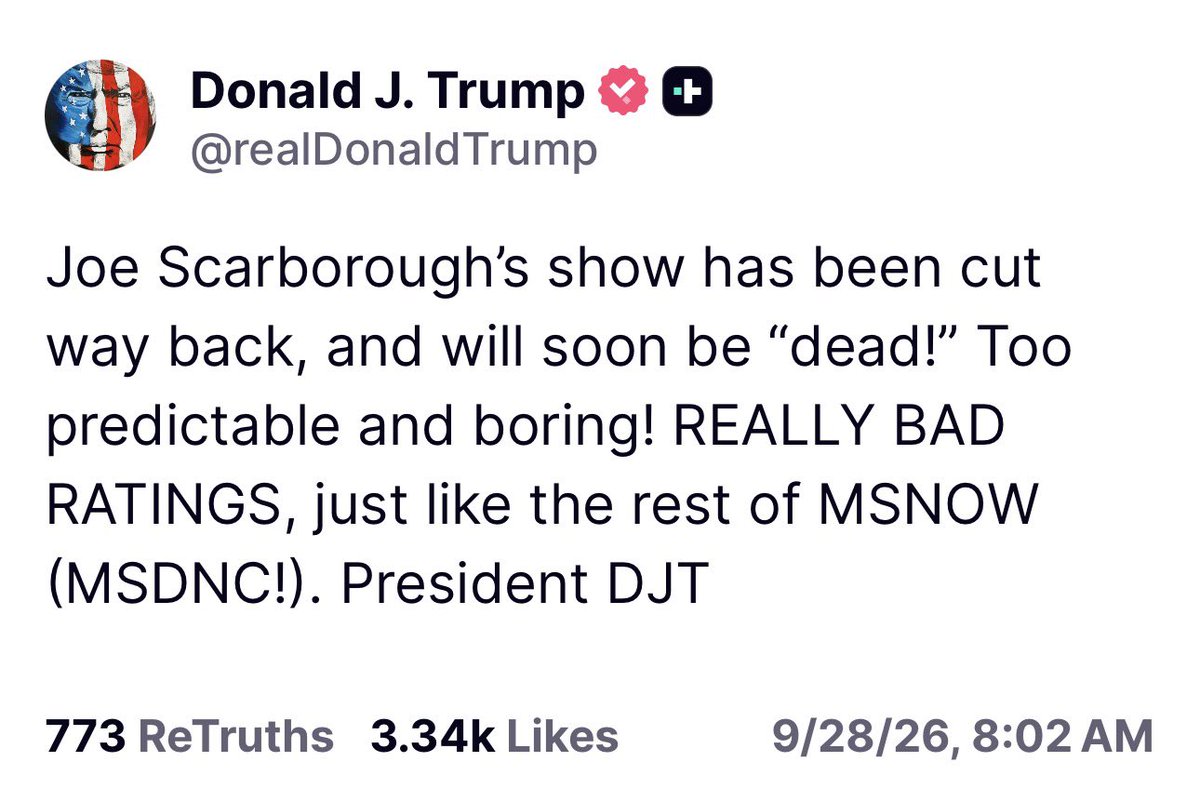 intheMatrixxx's tweet photo. Joe Scarborough’s show has been cut way back, and will soon be “dead!” Too predictable and boring! REALLY BAD RATINGS, just like the rest of MSNOW (MSDNC!). President DJT https://t.co/IB0InPQFml