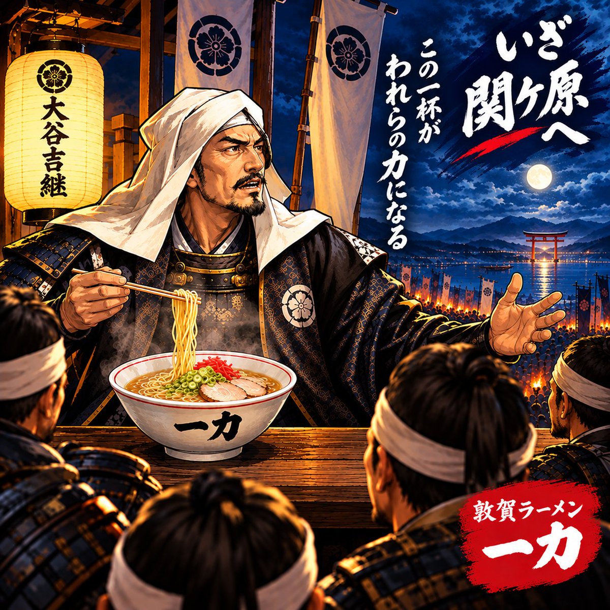 GalaxyRa_men's tweet photo. 大谷吉継が敦賀ラーメンを食べて関ケ原の合戦に挑む！さぁチャッピー宜しく　NHKさん大河ドラマで大谷さん宜しくお願いします
#中華そば一力 #一力 #敦賀ラーメン #敦賀市グルメ #大谷吉継 https://t.co/JJ61KW1IM2