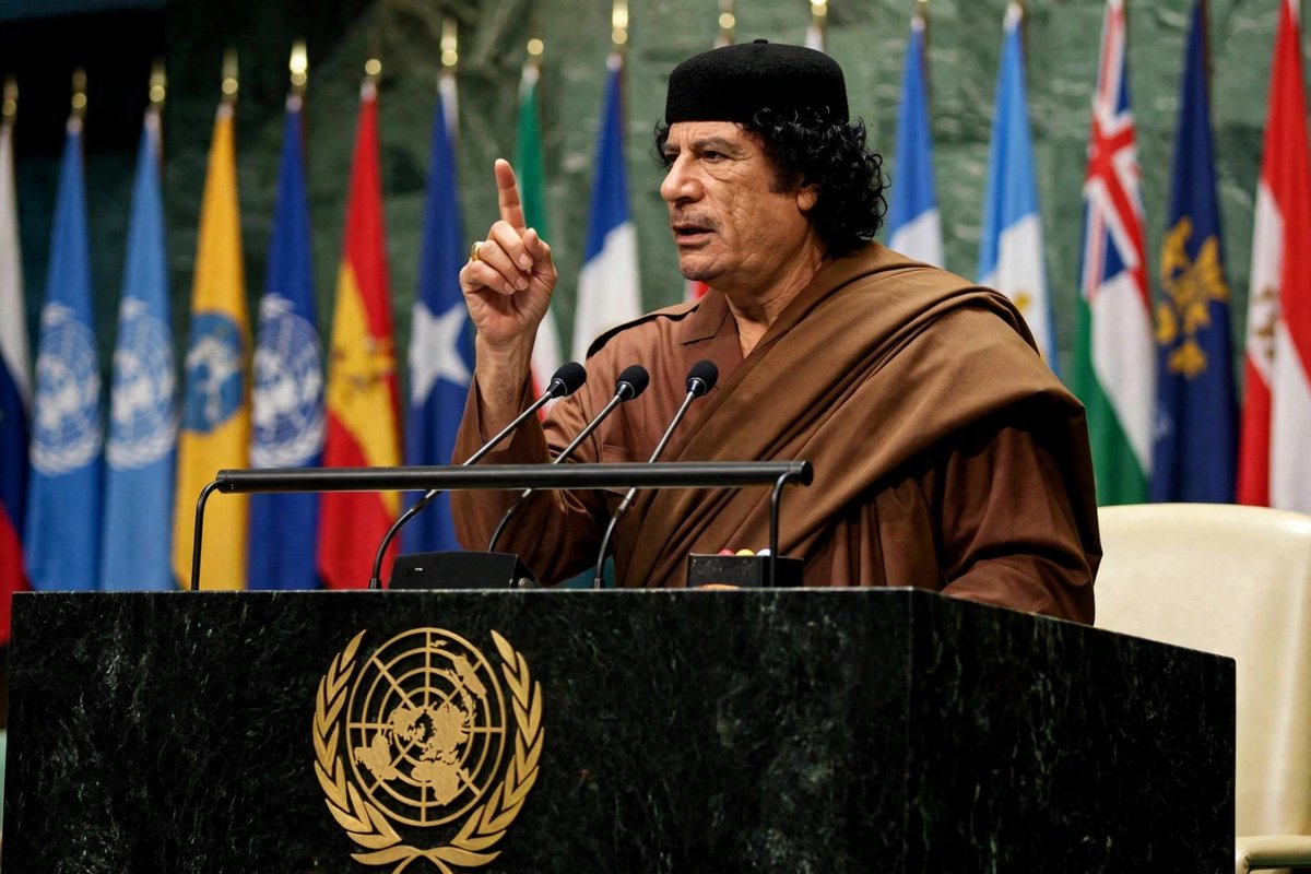 Juandpsp's tweet photo. Mismo atril de la ONU, mismo dedo levantado. El Coronel estuvo 90 minutos en 2009 denunciando a los que manejan el mundo, a los dueños del dinero, al Consejo de Seguridad. Lo asesinaron por enfrentarlos. Milei hace cosplay de valiente en el templo de los globalistas mientras le vende humo al FMI, a BlackRock y a los fondos que nos saquean. Uno murió por decir la verdad. El otro vive de vender mentiras para ellos.