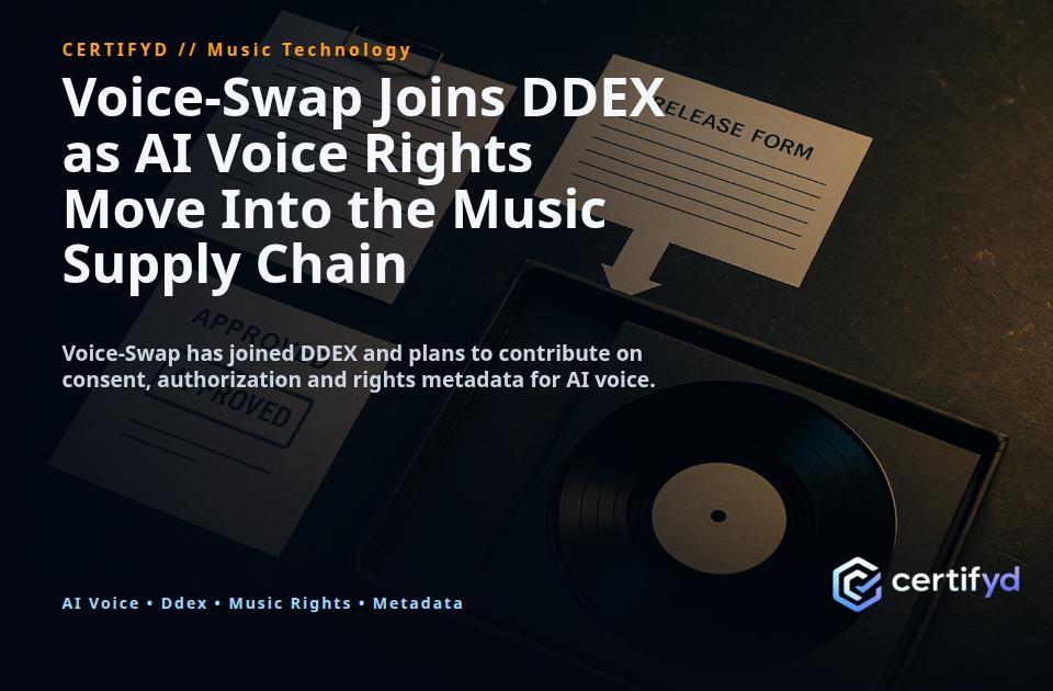 CertifydHQ's tweet photo. AI voice rights are becoming machine-readable.

Voice-Swap joining DDEX is a sign of where this is going.

Permission needs to travel with the work.
Control should stay with the creator. ⚡

https://t.co/JcfEFZnN6P https://t.co/Vln3iEsf7w