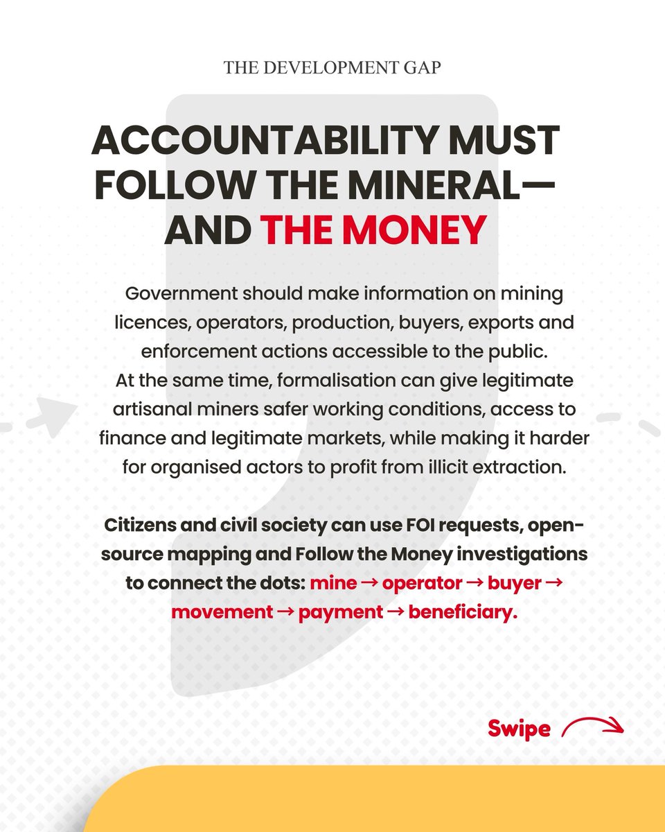 Connected_dev's tweet photo. It’s on us to follow the mineral, follow the money and follow the beneficiary.

So, what should authorities show the public beyond arrests to prove they are tackling illegal mining?

3/3🧵
#TheDevelopmentGap #FollowTheMoney https://t.co/wore4Ec7xd