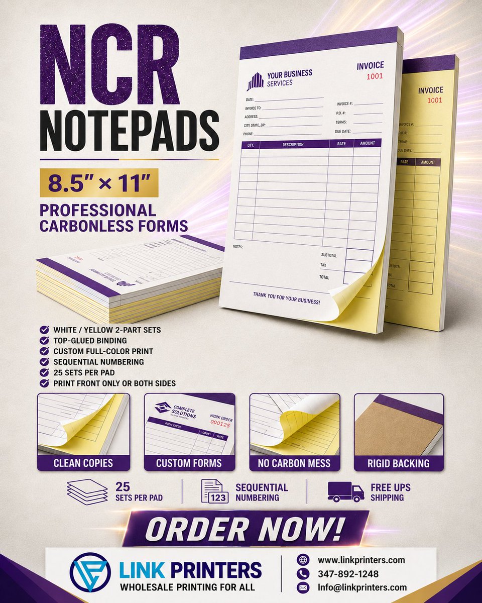 link_printers's tweet photo. Make every transaction cleaner, faster, and more professional with Custom NCR Notepads from Link Printers!
Visit: https://t.co/bil8qv0Hl2
#NCRNotepads #CarbonlessForms #CustomPrinting #BusinessForms #InvoicePrinting #ReceiptPrinting #SmallBusinessSupplies https://t.co/nw3PT45bWa